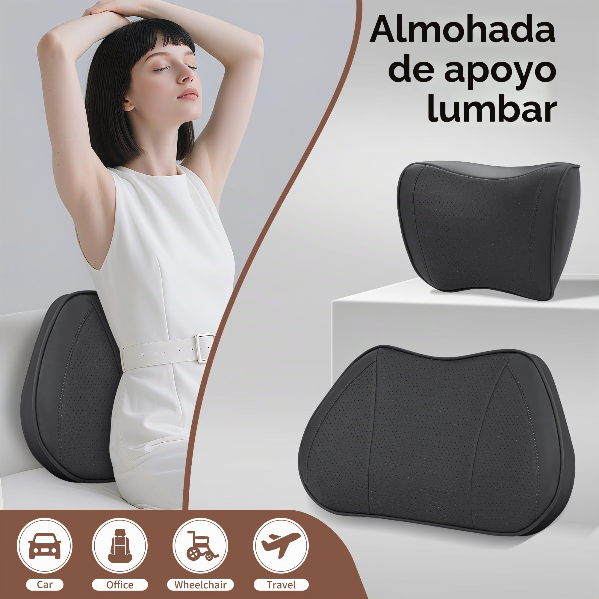 Cojín Lumbar Ergonómico para Coche, Almohada Soporte Lumbar para Silla de Oficina, Gaming y Casa, Respaldo de Espuma Viscoelástica para Asiento de Automóvil, Negro, 1 Unidad