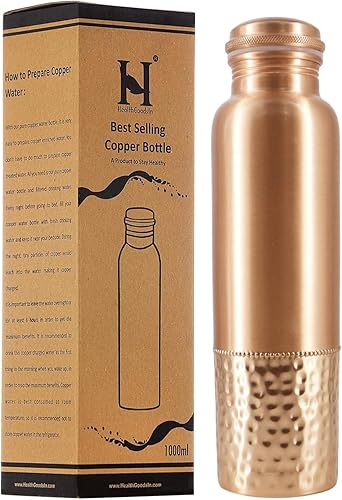 Botella de agua de cobre puro, liso y martillado, capacidad de 33.8 fl oz (33.81 fl oz) para beneficios para la salud del ayurveda