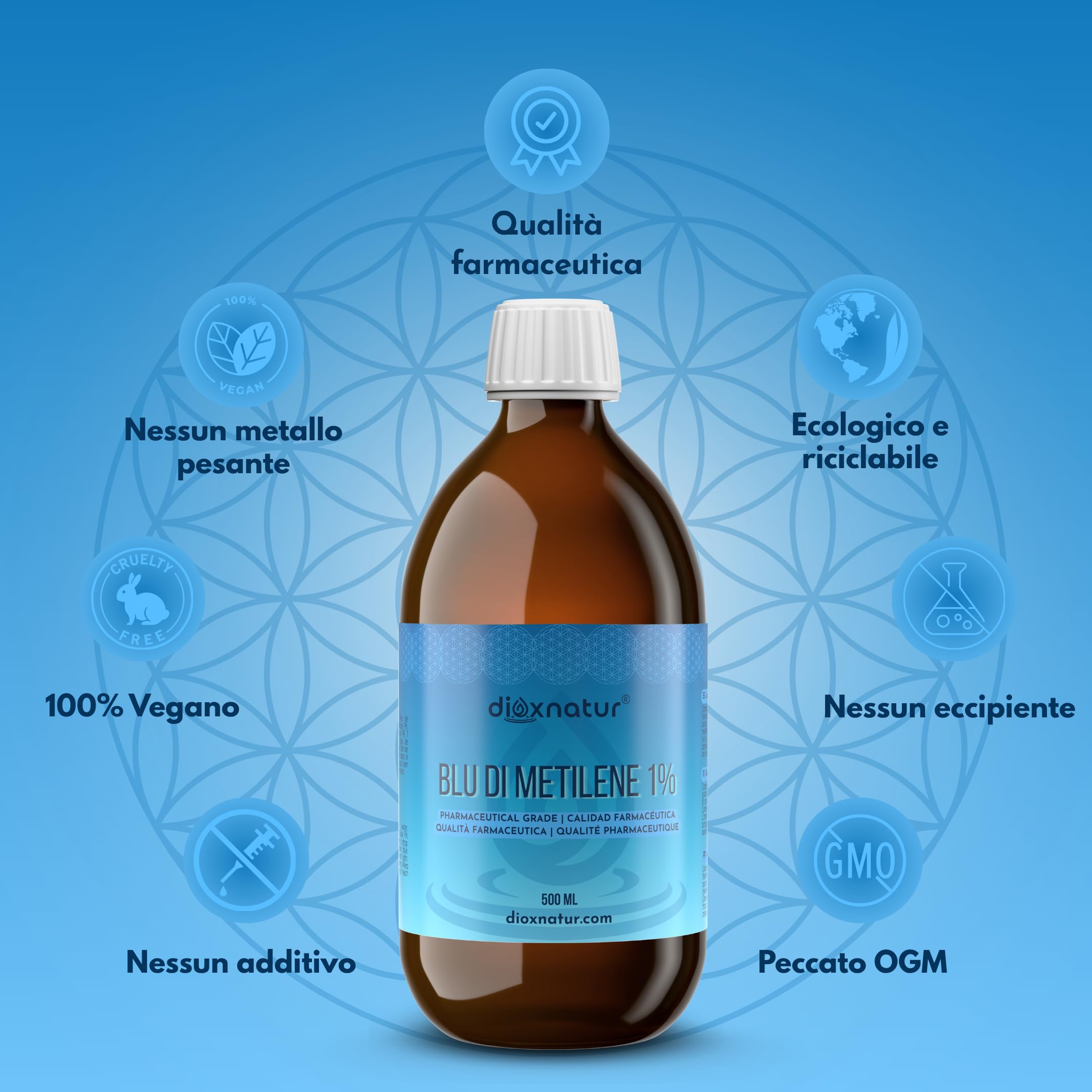 Blu di Metilene Soluzione 1% USP Qualità Farmaceutica 500 ml con Pipetta Marca Spagnola