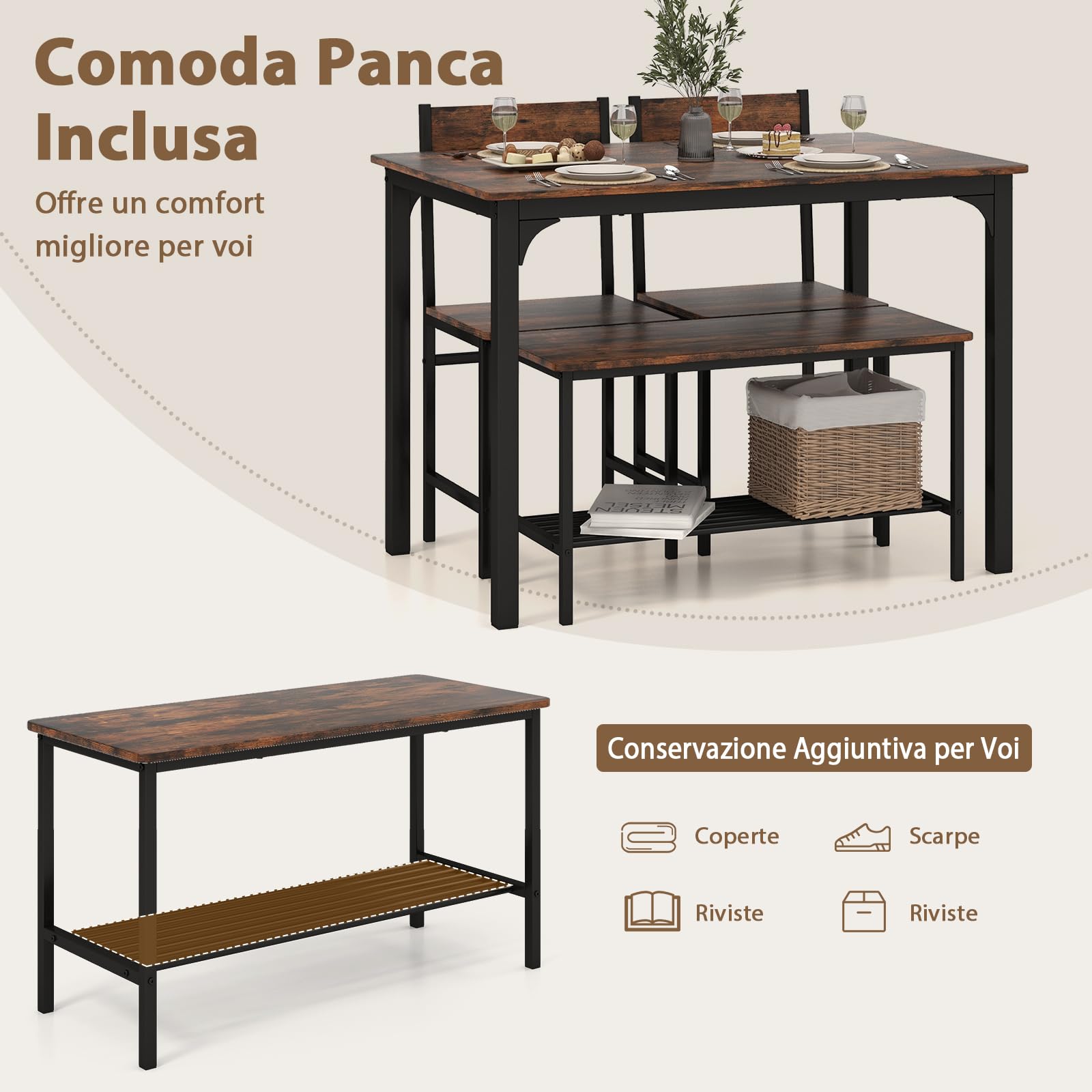 RELAX4LIFE Set Tavolo e Sedie da Cucina con Tavolo da P ranzo, Panca e 2 Sedie, 4 Posti, in Design Industriale gruppo sedute con Ripiano in MDF e Struttura in Metallo (marrone rustico)
