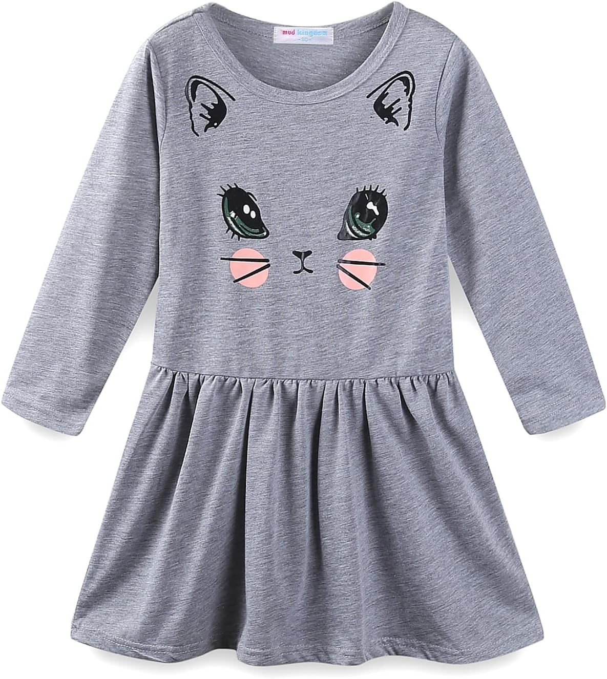 Mud Kingdom Little Girls Cotton Dresses Long Sleeve Cartoon Cat Prints Casual
