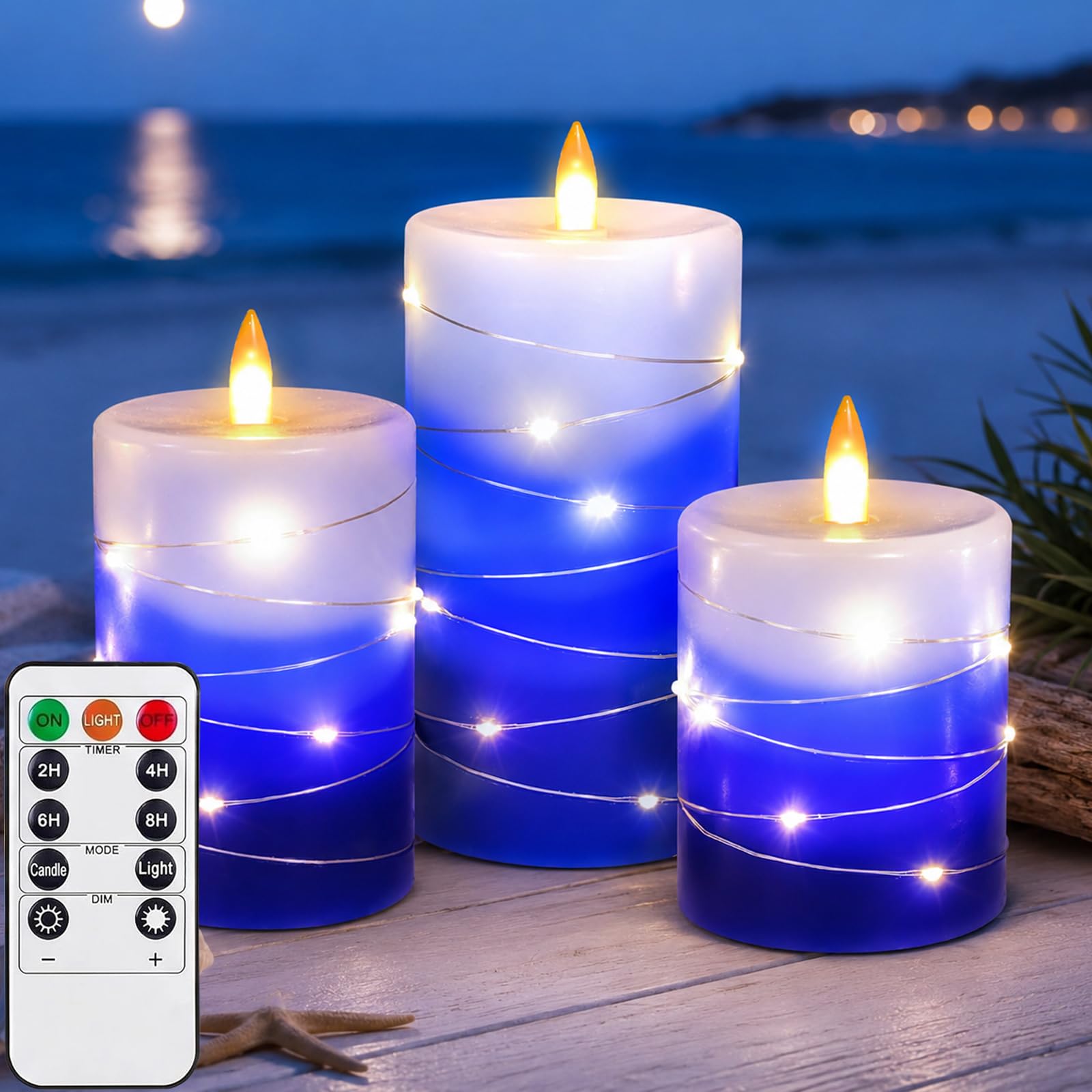 Flameless Candles Light, Set of 3 Flickering LED Candle with Remote & Timer, Dimmable Real Wax Electric Pillar Candles Battery Operated, Candle for Home Wedding Party Holiday Decor (Blue White)