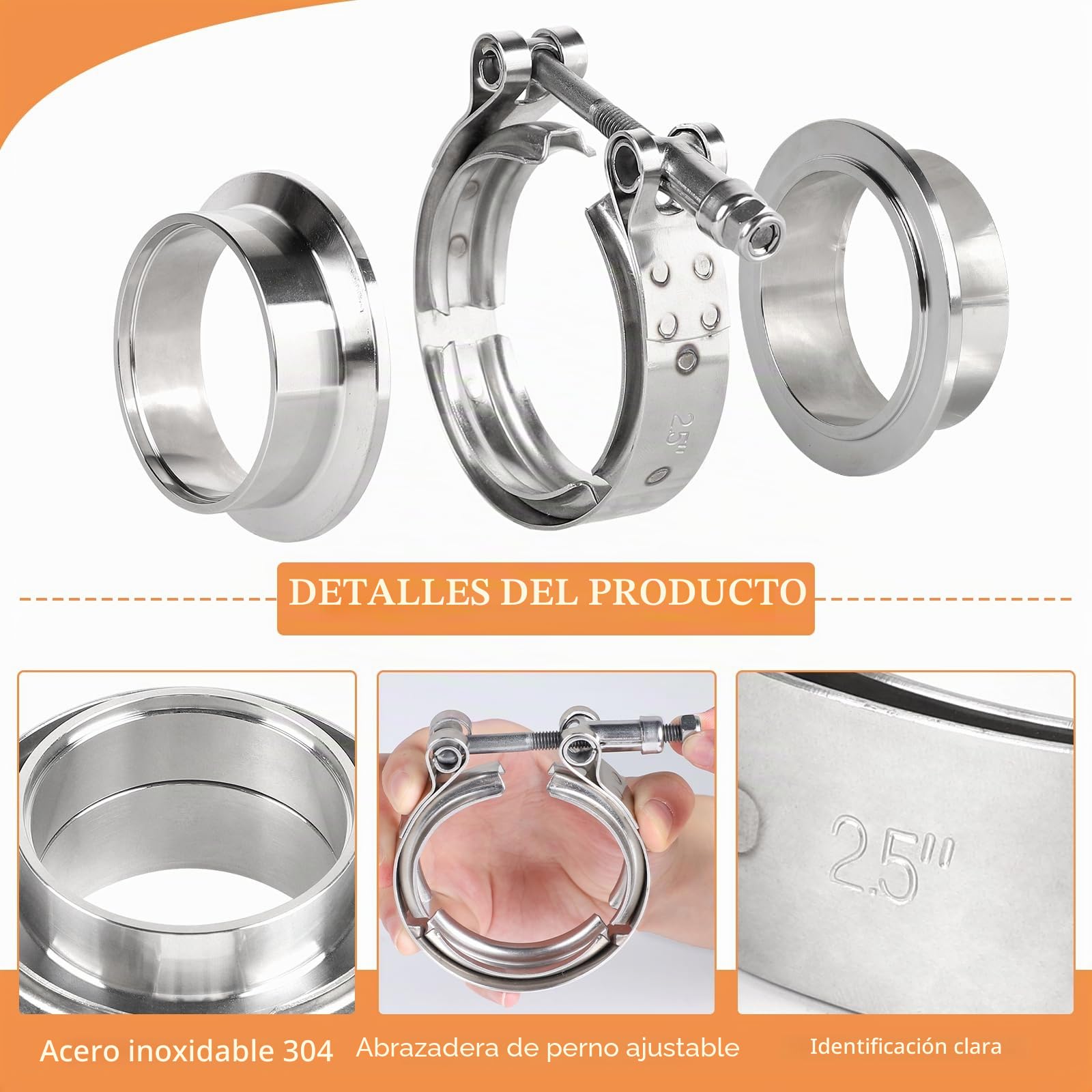 Abrazadera V-Band + Bridas Ø 63,5 mm (2,5 pulgadas) Kit completo en Acero Inoxidable 304 Abrazadera de cierre rápido para escape y turbo con anillos de centrado y abrazadera para tubo de turbo