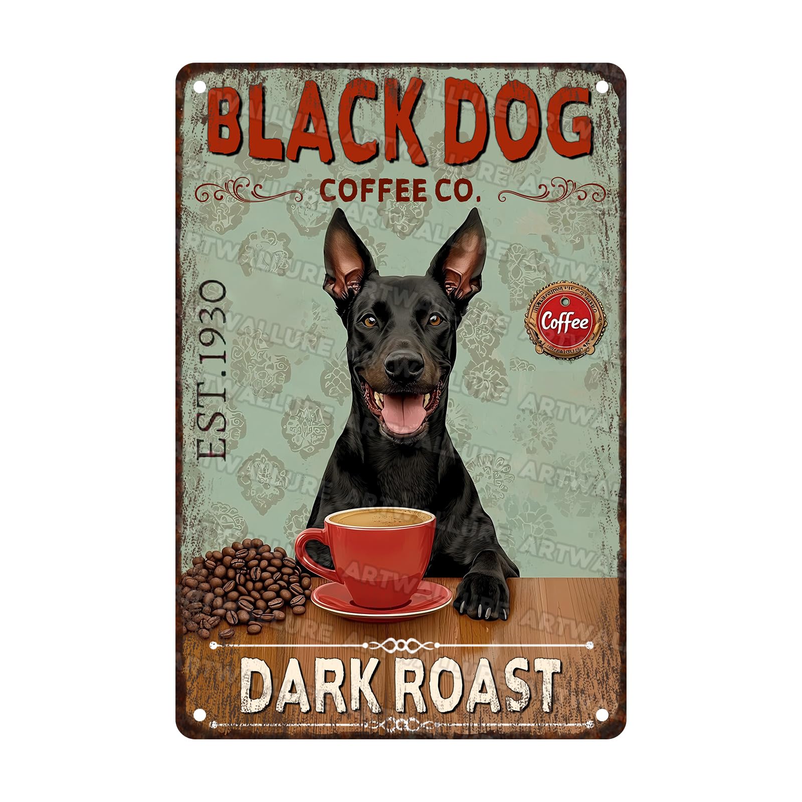 Dubin Dog Vintage Metal Tin Sign Coffee Co. Dark Roast Coffee Sign Dog Wall Decor Rustic Kitchen Wall Decor Sign for Home 8x12inch
