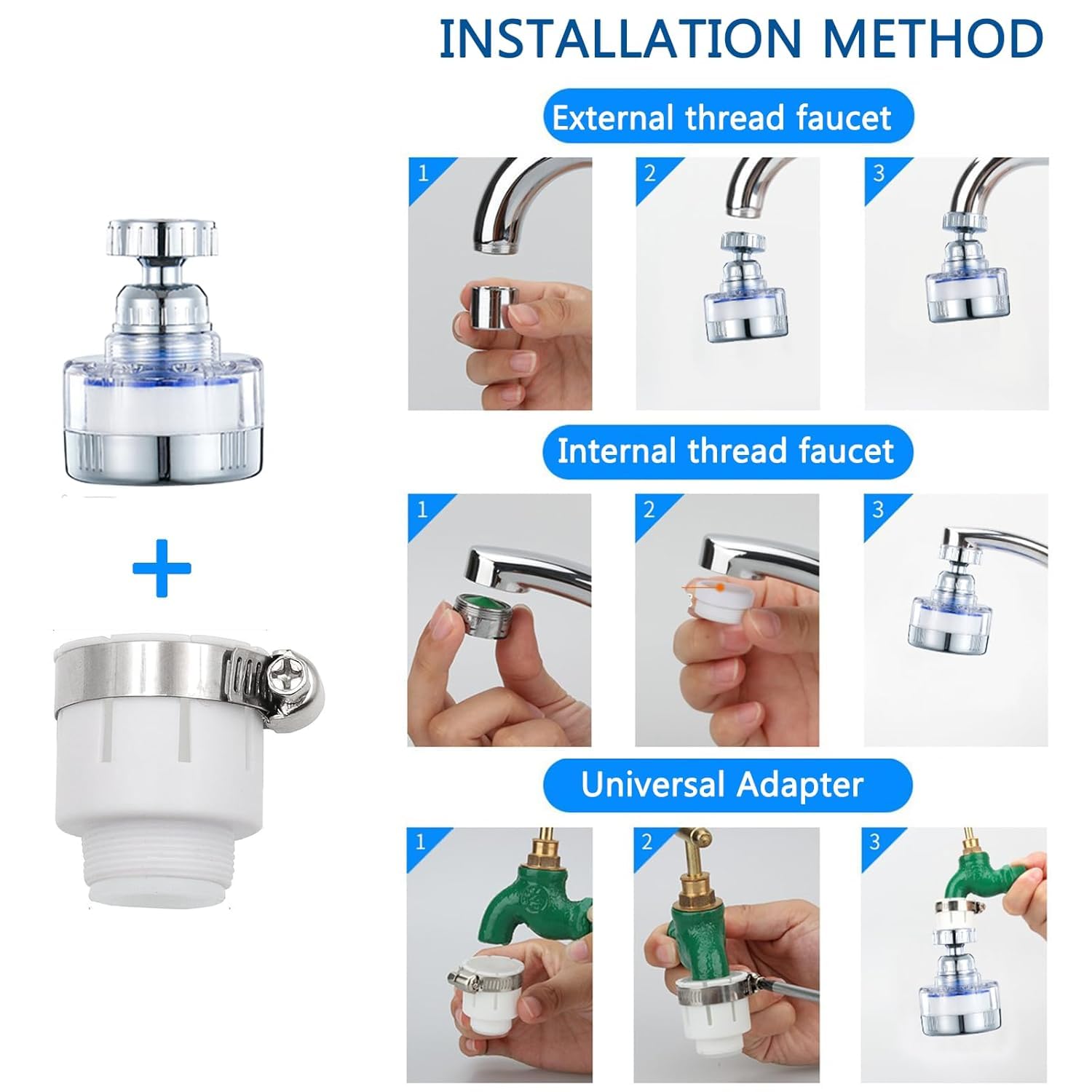 Filtri per rubinetti del lavandino rotanti 360°, filtrazione del rubinetto della cucina purificatore, filtro per rubinetto del bagno, rimuove cloro, fluoruro e metalli pesanti, con adattatore universa