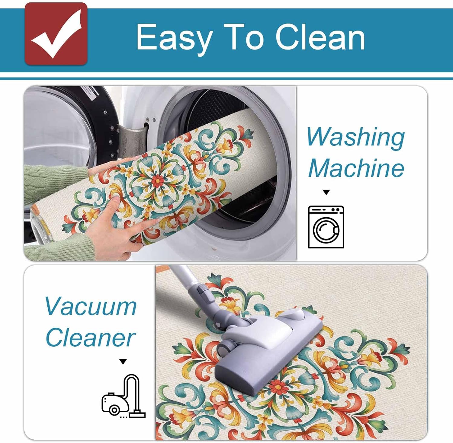 Vintage Floral Texture Kitchen Mat Set 2 Pieces Red Blue Green Flower Country Linen Non Slip Kitchen Rugs Washable Runner Rug Mats for Floor Sink Laundry Office 23.6" x 35.4"+23.6" x 70.9"