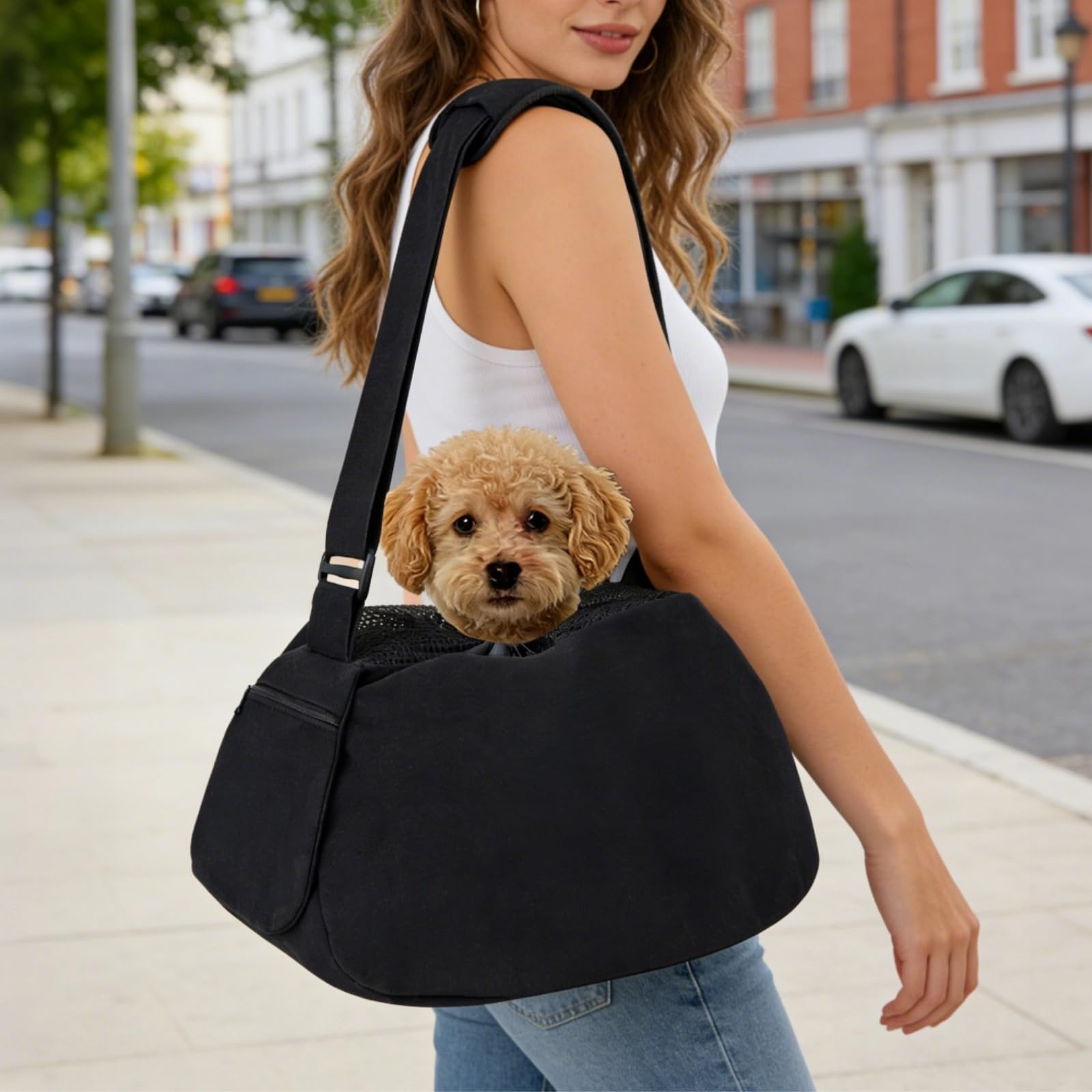 Tragetuch für kleine Hunde und Katzen, mit Fleece gefüttert, freihändig, Sicherheitsleine, verstellbarer Gurt, Schulterpolster, 47 x 24 x 24 cm