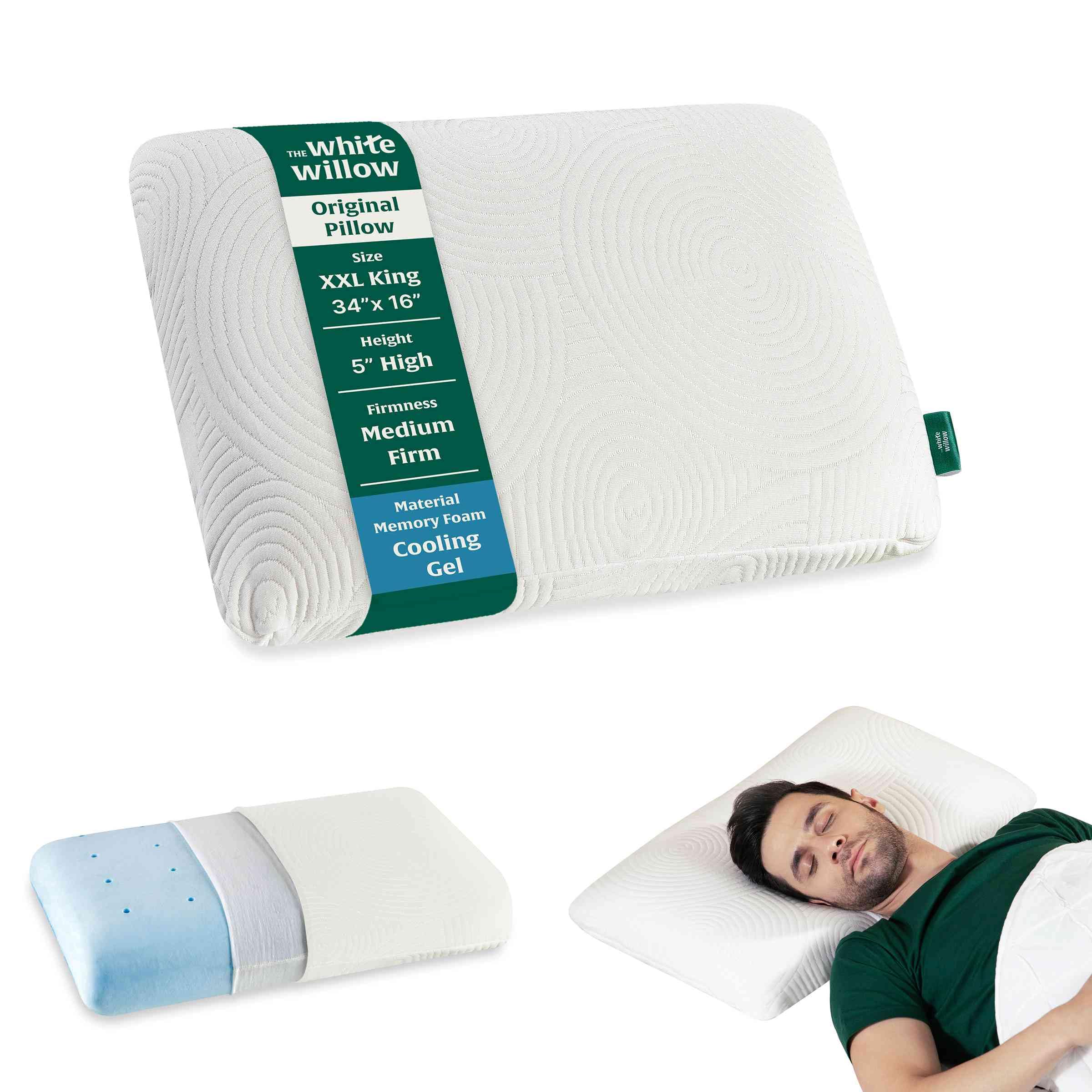 The White Willow Memory Foam Pillow For Neck & Shoulder Pain Relief-Cool Gel-Orthopedic Cervical Pillow For Sleeping-Big Pillow-Thick Pillow For Back & Side Sleeper-Medium Firm-XXL King Size-5"H-White