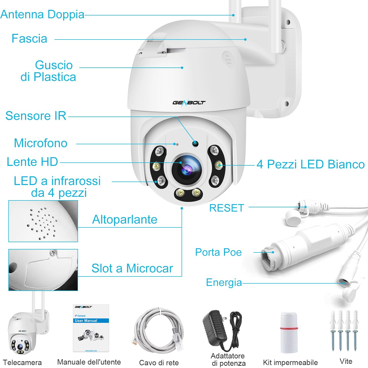 GENBOLT 2.5K Telecamera Wi-Fi Sicurezza Esterno PoE PTZ | DC & PoE, Visione Notturna a Colori, Zoom Digitale 4X, 2-Audio, Allarme Sonoro e Luminoso
