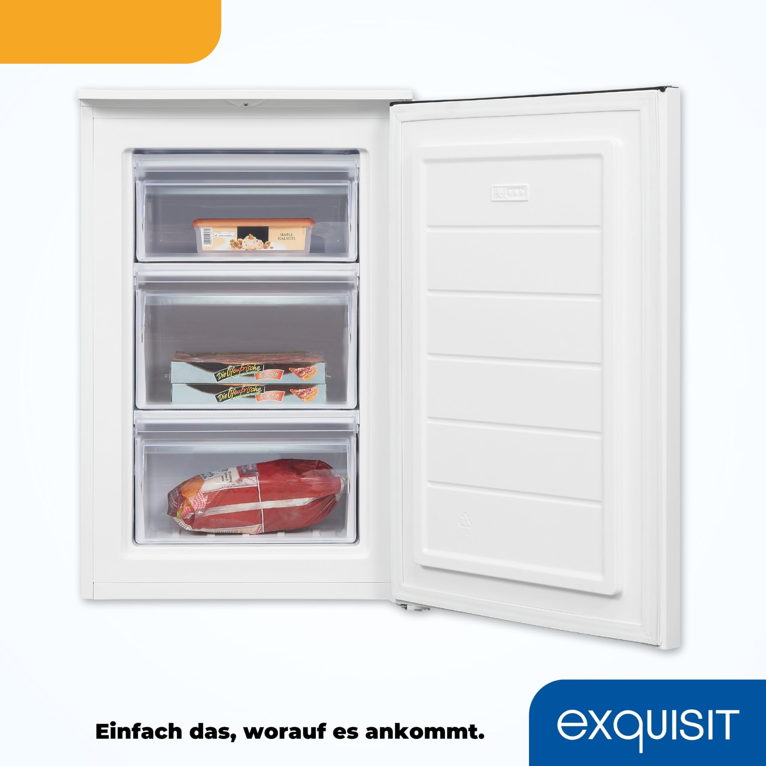 Exquisit GS81-040D Gefrierschrank - Standgerät mit 87 l Nutzinhalt | Weißer Tiefkühlschrank in Energieeffizienz E mit 3 transparenten Gefrierschubladen und wechselbarem Türanschlag