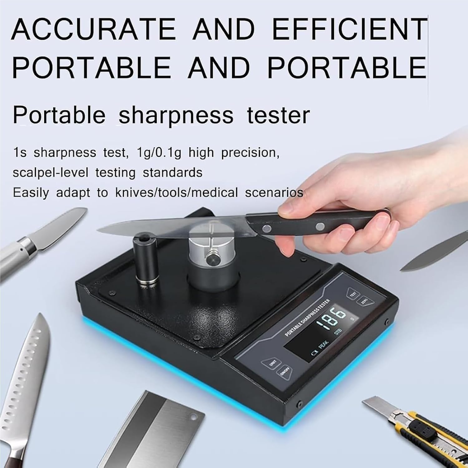Tester di affilatura lame con rilevamento preciso del bordo, dinamometro digitale da 3 kg per bisturi chirurgici e industriali.