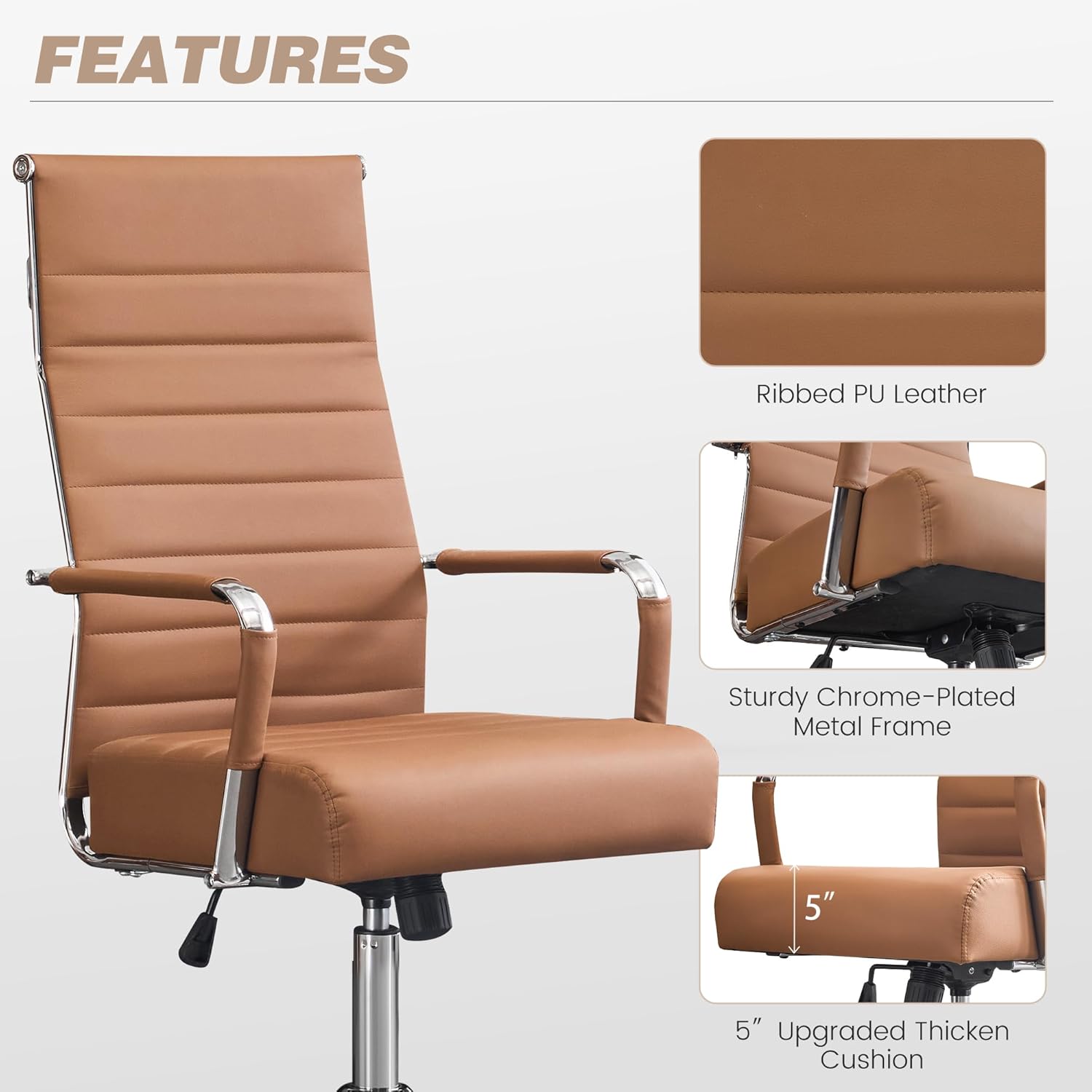 Office Desk Chair,Conference Room Chairs with Wheels and Arms, Modern PU Leather Ergonomic High Back Executive Ribbed Height Adjustable Swivel Chair for Home Office (Brown)