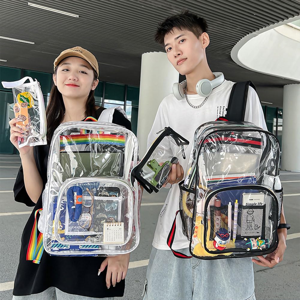 Zaino trasparente per carichi pesanti, zaino trasparente in PVC multitasche, zaino trasparente di grande capacità con finiture in pelle per festival di viaggi sportivi da lavoro universitario G