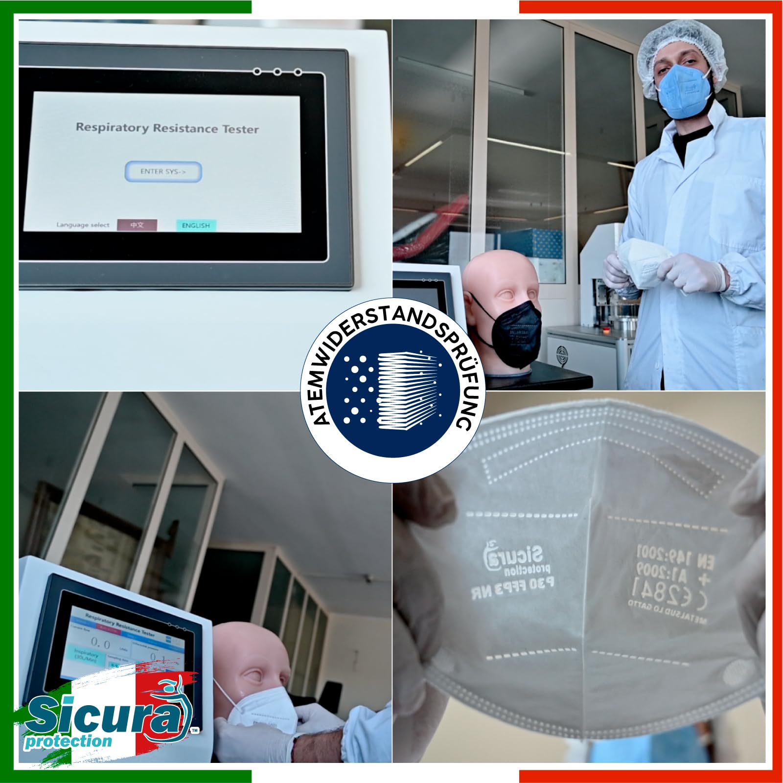 10x CE-zertifizierte FFP3-Masken Schwarz Made in Italy mit aufgedrucktem SICURA-Logo PFE ≥99% | BFE ≥99% SANIFIZIERT und einzeln versiegelt