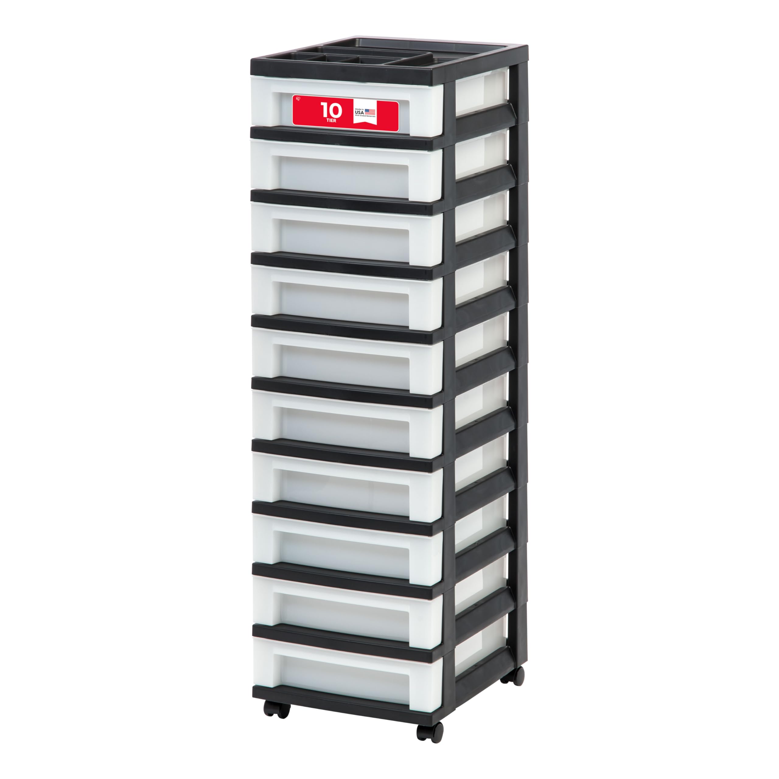 IRIS USA Plastic Drawer Storage Organizer Rolling Cart, with Wheels Casters, 10-Drawers, for Classroom Art Craft Supplies Dresser Closet Bathroom Bedroom, Top Organizer for Small Parts, Black/Pearl