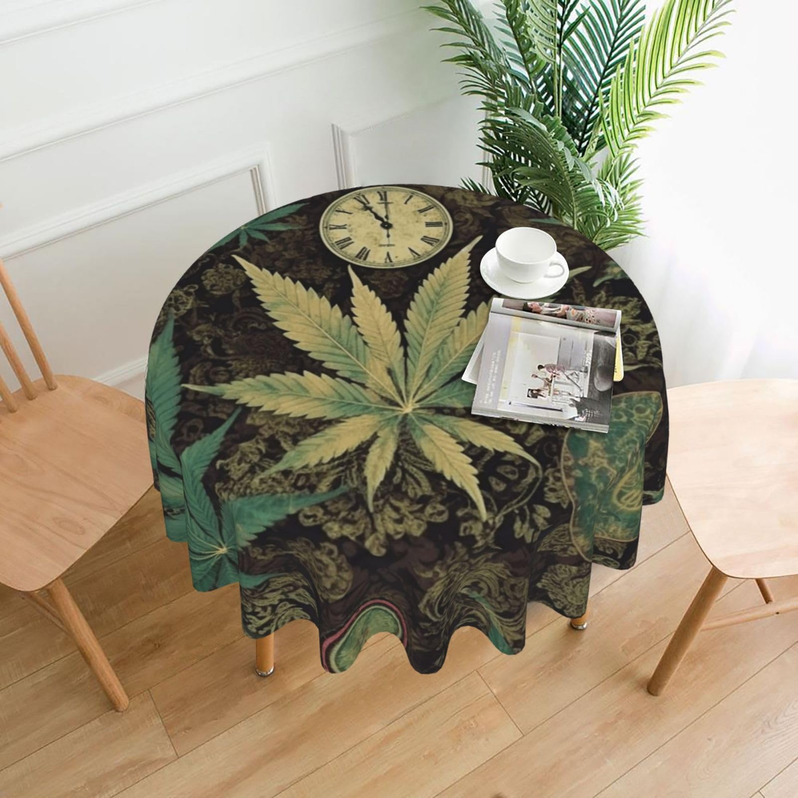 FodPand A Puff in Time Weed Marijuana Tablecloths for Round Tables 60 Inch - Reusable Washable Dining Table Clothes - Stain and Wrinkle Resistant Decorative Fabric Table Cover for Wedding Party