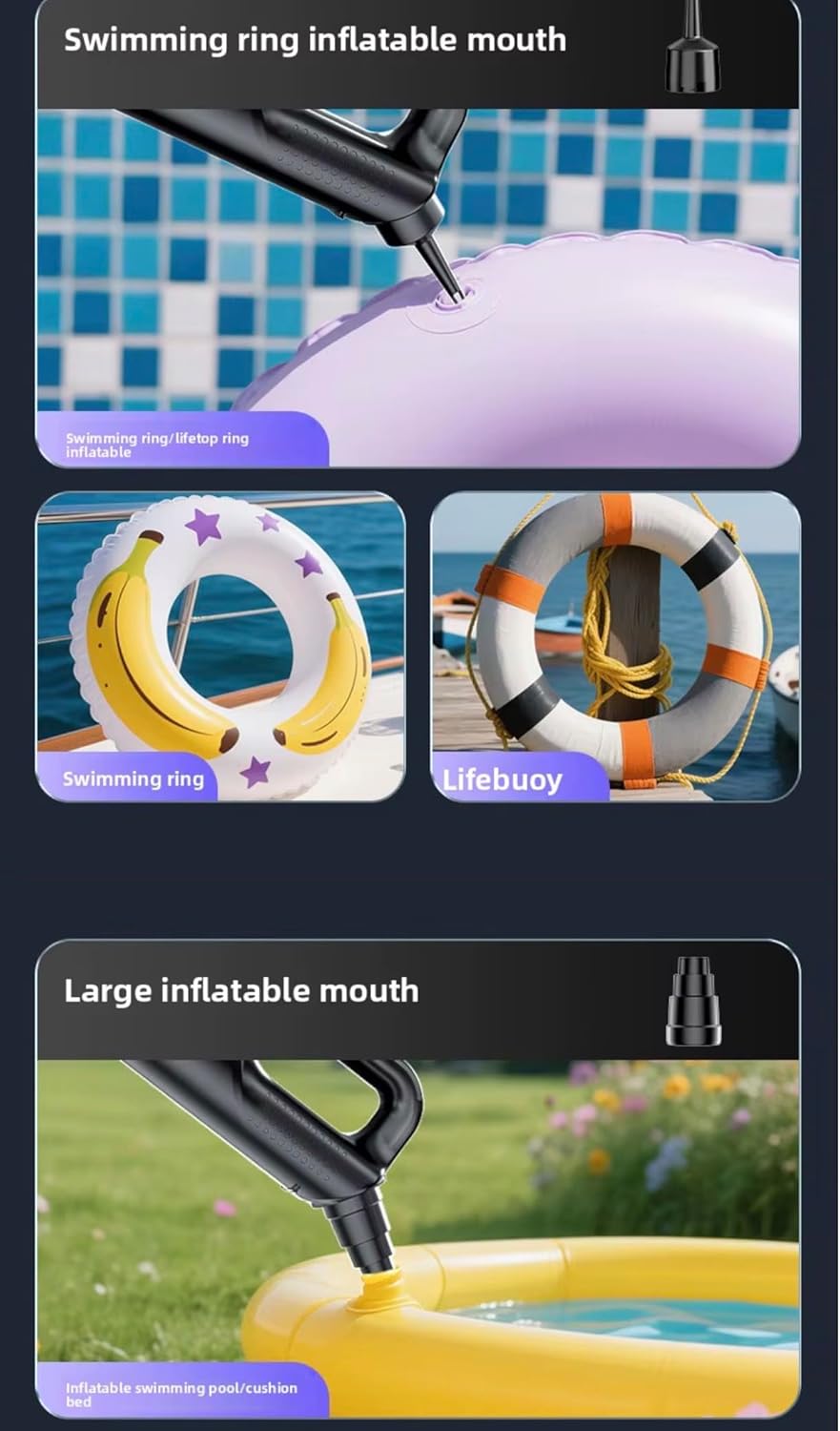 Images showing the swimming ring inflatable mouth and large inflatable mouth attachments being used for various inflatables like swimming rings, lifebuoys, and inflatable pools