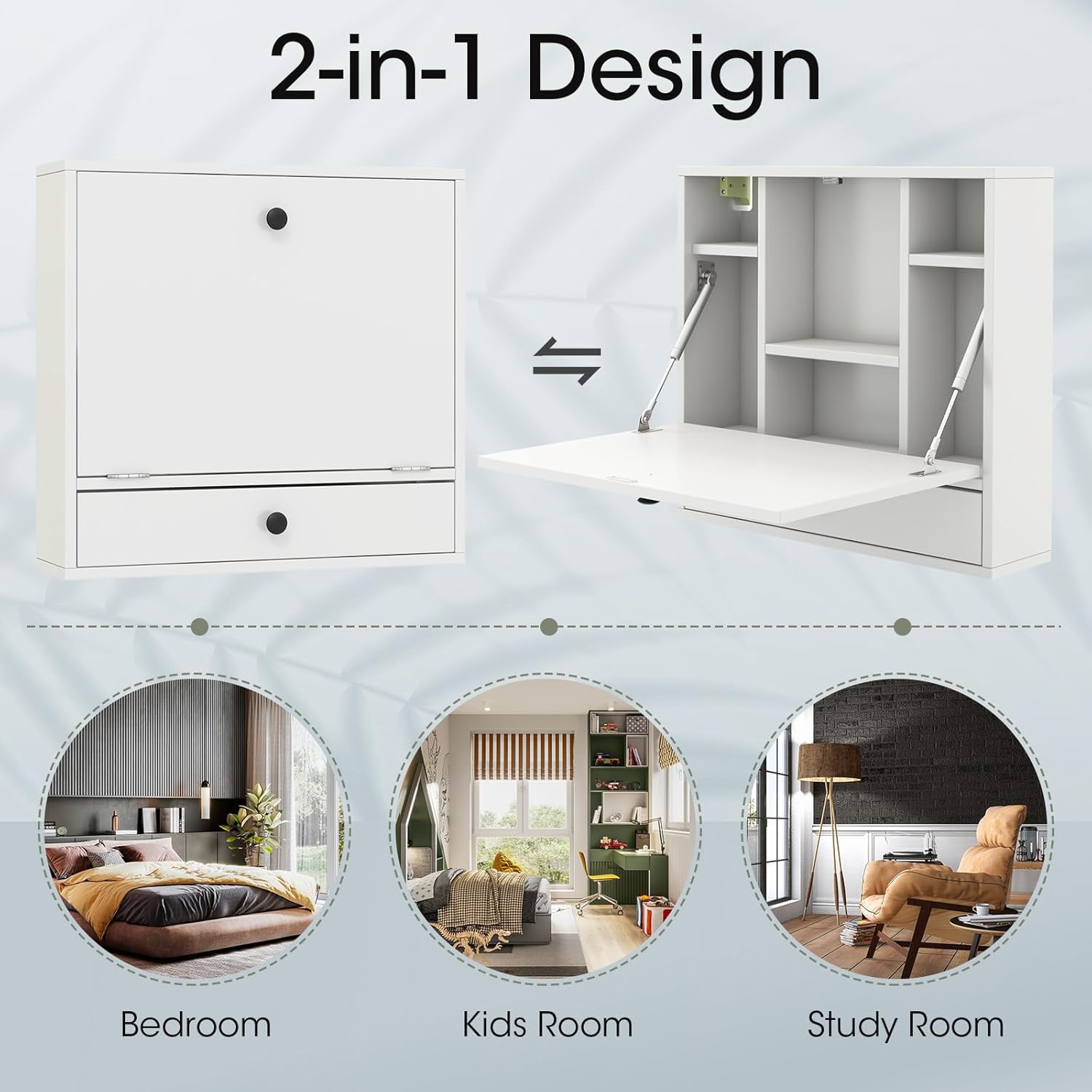 Illustration of the Tangkula Folding Wall Table in both folded and unfolded states, showing its 2-in-1 design and suitability for various rooms like bedroom, kids room, or study room.