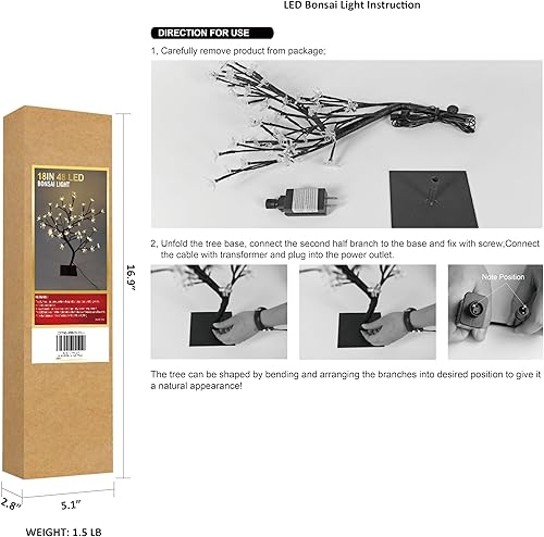 Miniatura 5 de Lightshare Árbol bonsái con flores de cerezo 48 luces LED luz blanca cálida ideal como luces de noche idea de regalo para el hogar 18 pulgadas