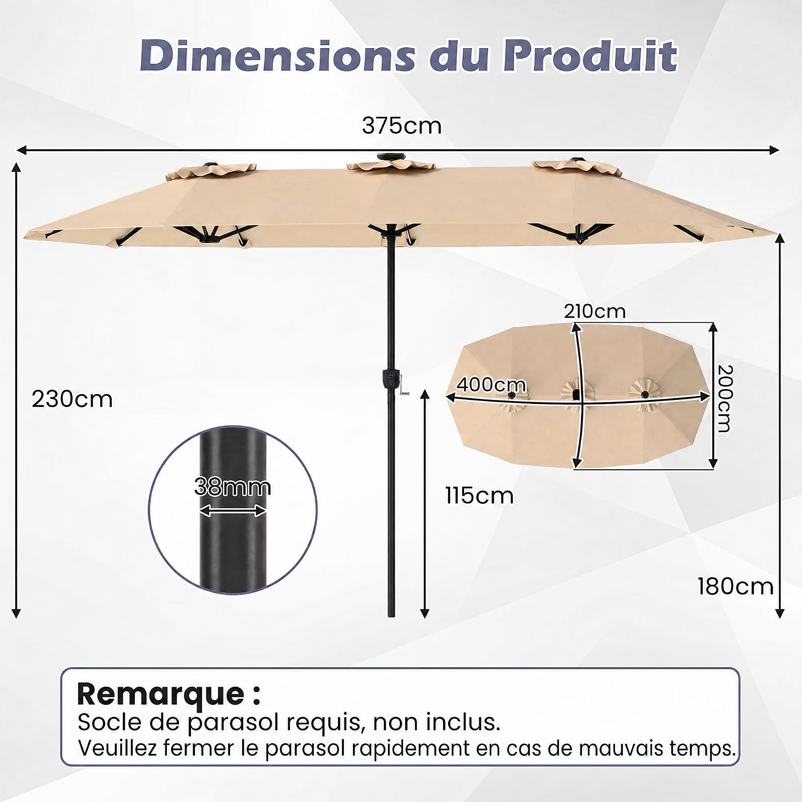 RELAX4LIFE Grand Parasol Double avec LED Multicolore, Parasol de Jardin Extérieur 4M, 12 Baleines, Manivelle, Mât en Métal Revêtu, Polyester Résistant, Abri Solaire pour Terrasse Événement (Beige)