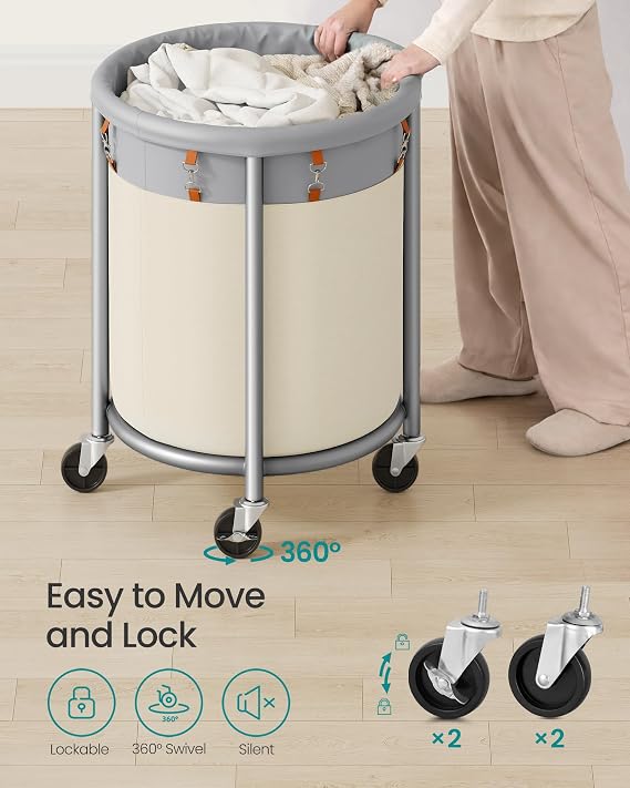 SONGMICS Laundry Basket with Wheels, 29 Gal., Steel Frame, Removable Bag