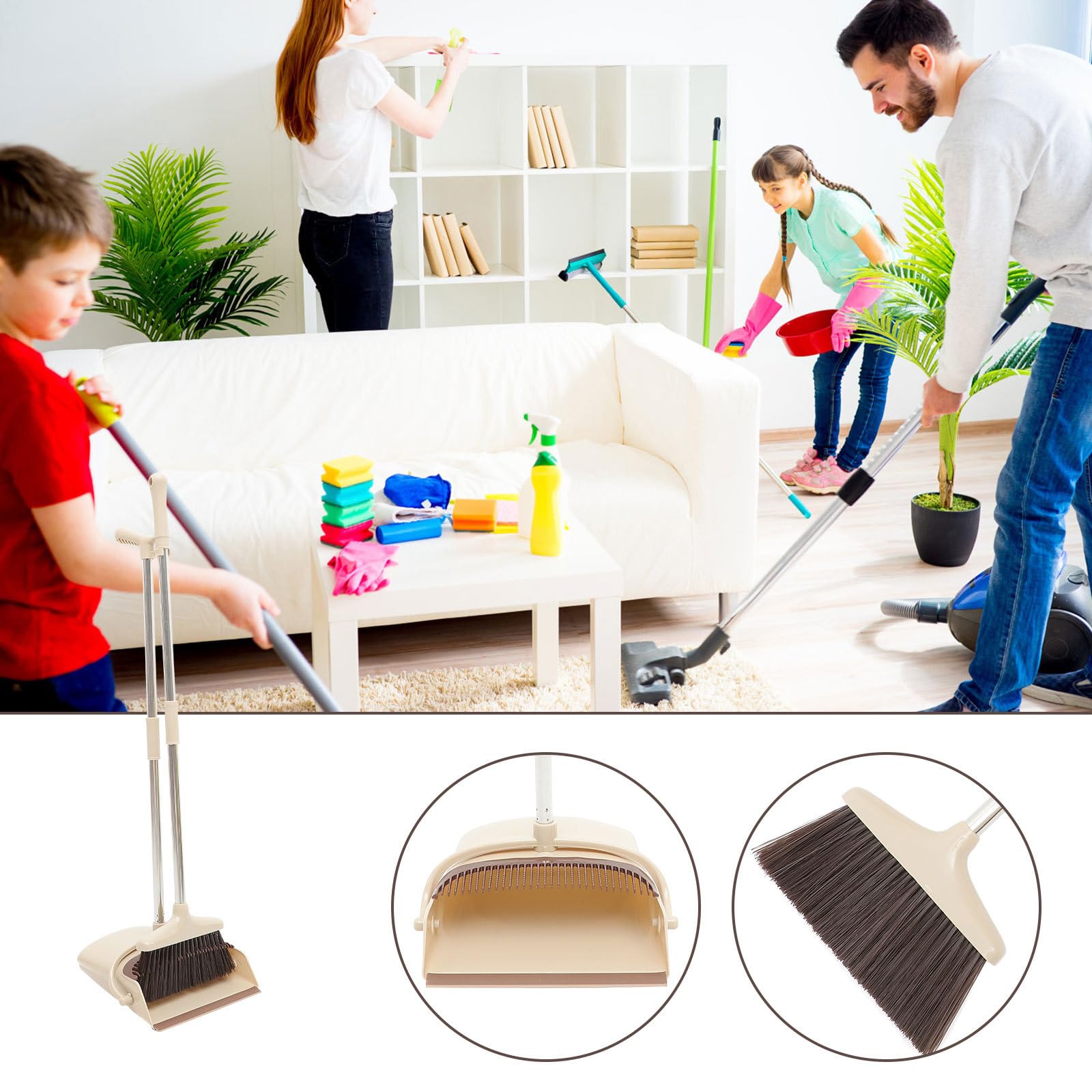 Juego de Escoba y Recogedor Mango Largo de Acero Inoxidable, Plástico Duradero, Diseño Ligero y Práctico para Limpieza de Suelos Hogar, Suministros de Limpieza para Habitaciones