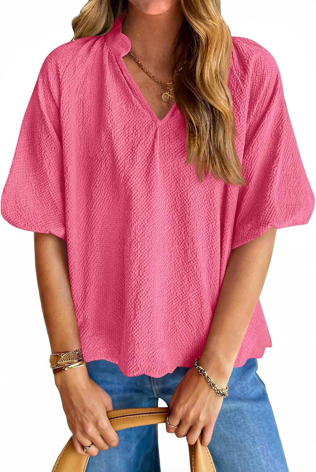 Tankaneo Womens V Neck Puff Sleeve Tops Oversized Textured Blouses Dressy Casual Summer Loose Fit Tee Shirts