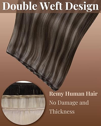 Miniatura 2 de Hetto Extensiones de cabello humano color marrón ceniza #28 con reflejos de trama #28, extensiones de cabello humano, 3.53 oz, 20 pulgadas,