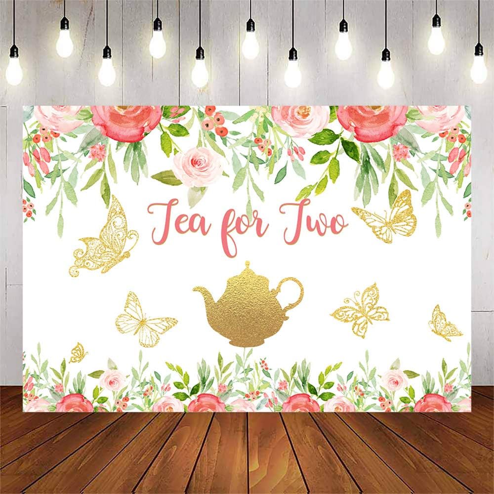 Avezano Tea for Two Birthday Backdrop Floral Tea 2nd Birthday Party Photo Background Spring Butterfly Flower Backdrops Two Birthday Party Decoration (7x5ft)
