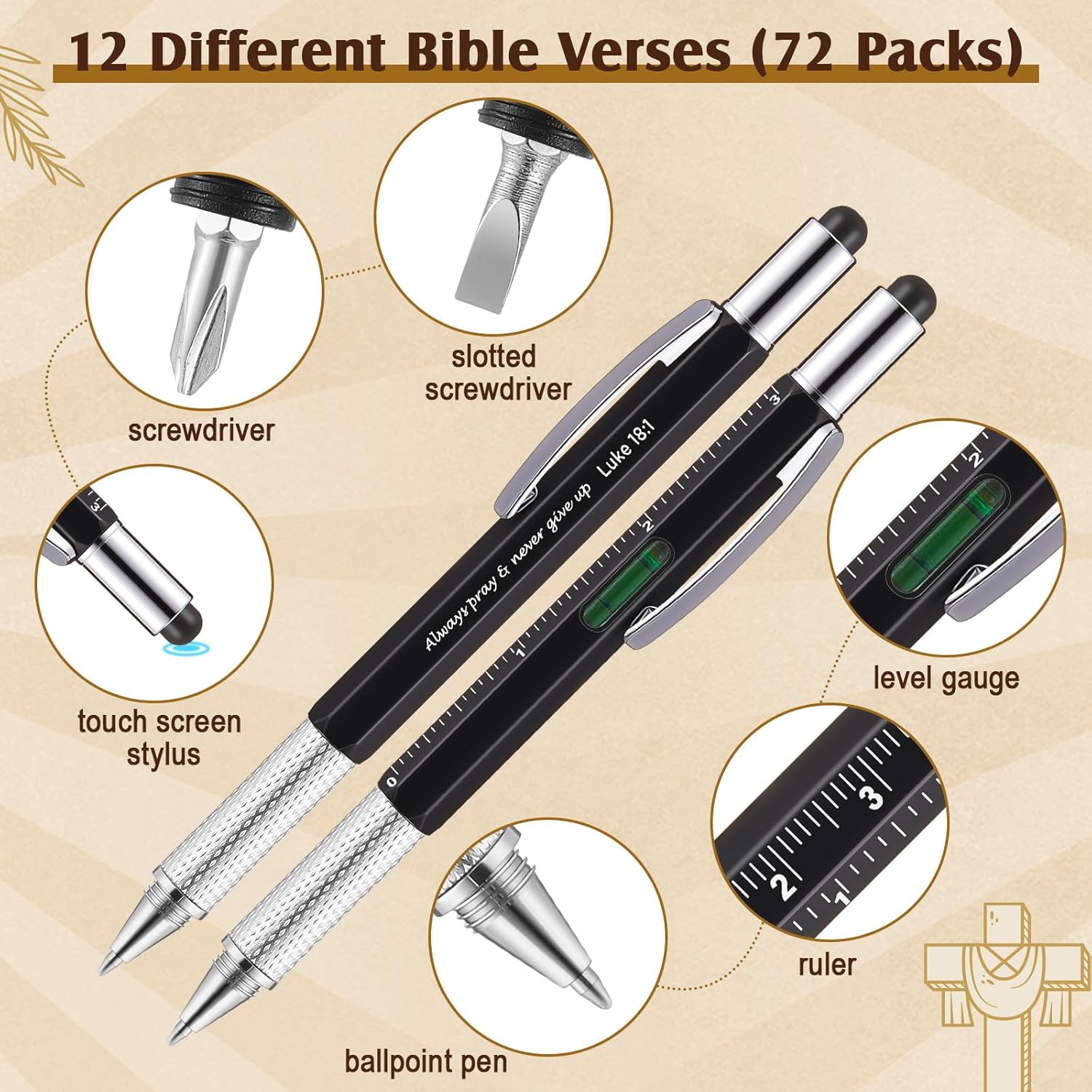 Sayglossy 72 Set Father Day Gifts Bulk for Men 6 in 1 Multi Tool Pen Gift Church Multitool Pen with Bible Verse Bookmarks Screwdriver Motivational for Father's Day Christian Men of God Gifts (Black)