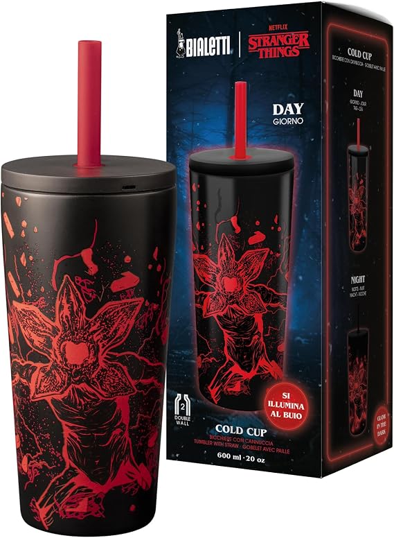 Bialetti Stranger Things Termos Bardak Pipetli - Karanlıkta Parlayan - Mükemmel Sıcaklık Koruma Özelliği - Bulaşık Makinesinde Yıkanamaz - 900 ml