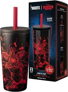 Bialetti Thermobecher Stranger Things, 900 ml – mit Strohhalmdeckel, leuchtet im Dunkeln, hält die Temperatur, nicht spülmaschinengeeignet, Silber