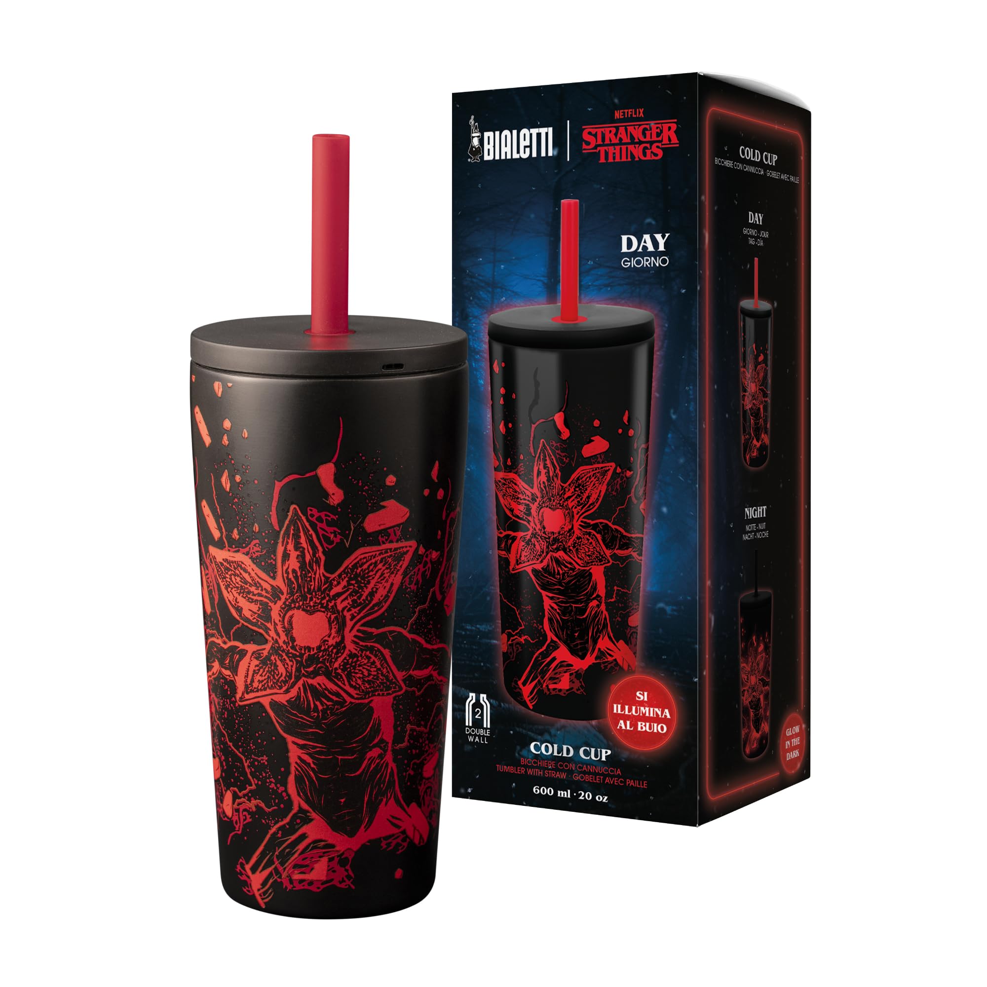 Bialetti Tumbler Termico Stranger Things, Tappo con Cannuccia, Si illumina al buio, Perfetta tenuta della temperetura, no Lavastoviglie, 900 ml