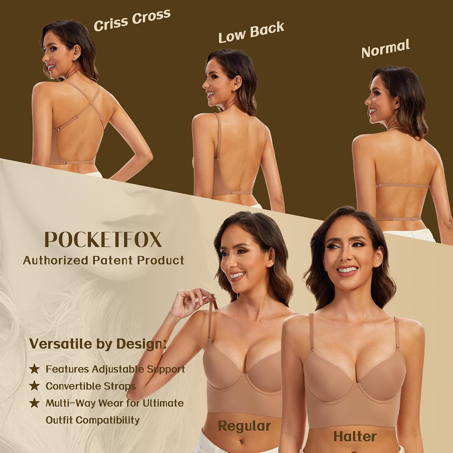 Low Back Bras for Women-Seamless Invisible Backless Bra-Demi Lightly Lined No Show Low Cut Bra Halter Multiway Bras