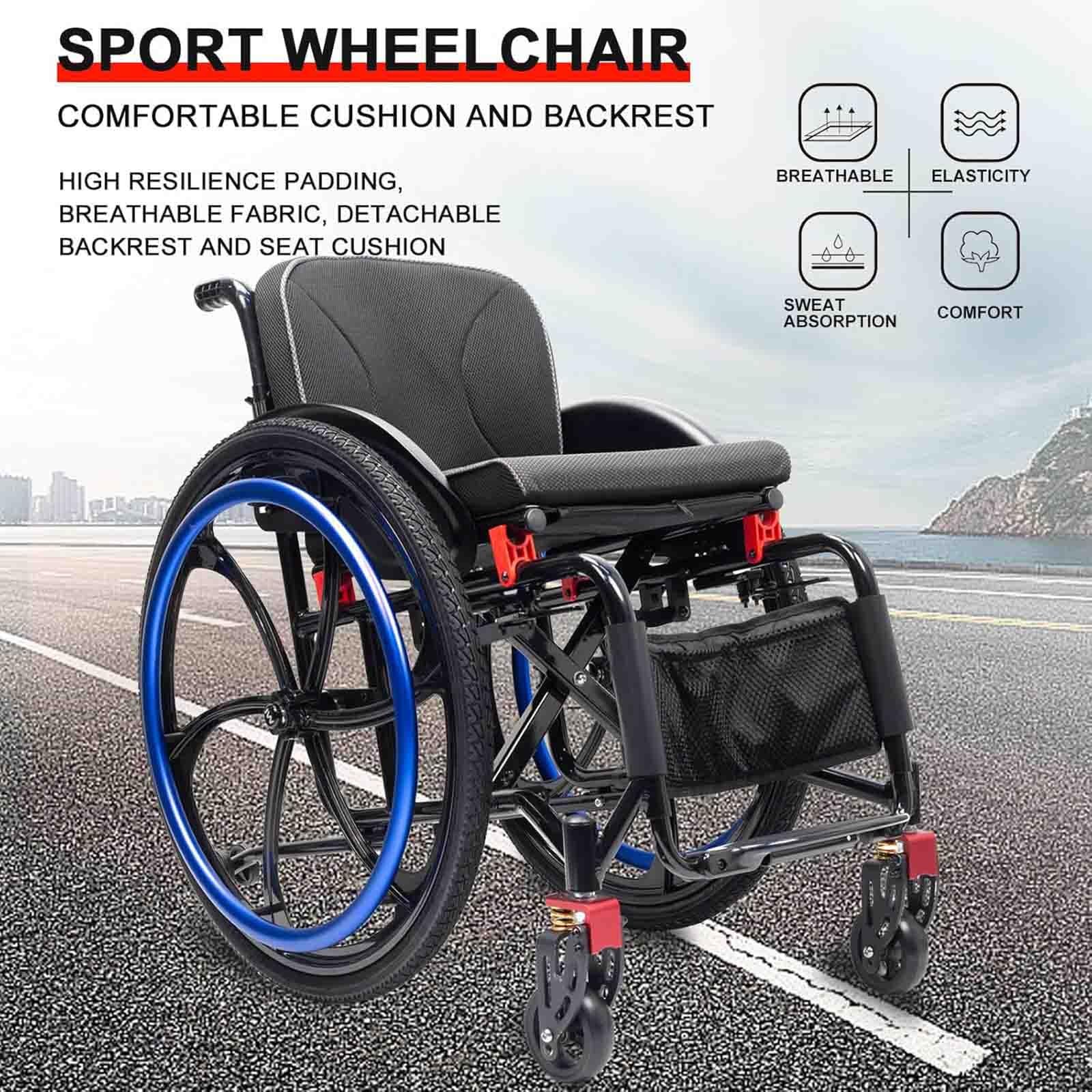 Wózek inwalidzki sportowy, terenowy, składany, aluminiowy, z 26-calowymi tylnymi kołami, amortyzowanymi kołami przednimi, nośność 100 kg (niebieski, szerokość siedziska 38 cm)