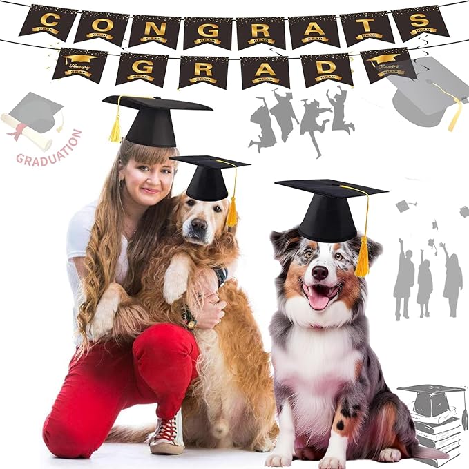 2 Gorros de Graduación para Perros Grandes con Borlas Negras, Talla L, Amarillo miniatura 3