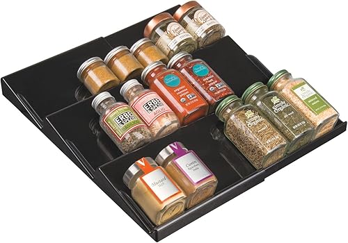 mDesign Estante de especias de plástico expandible de lujo, organizador de cajones para cajones de gabinete de cocina, 3 niveles inclinados para