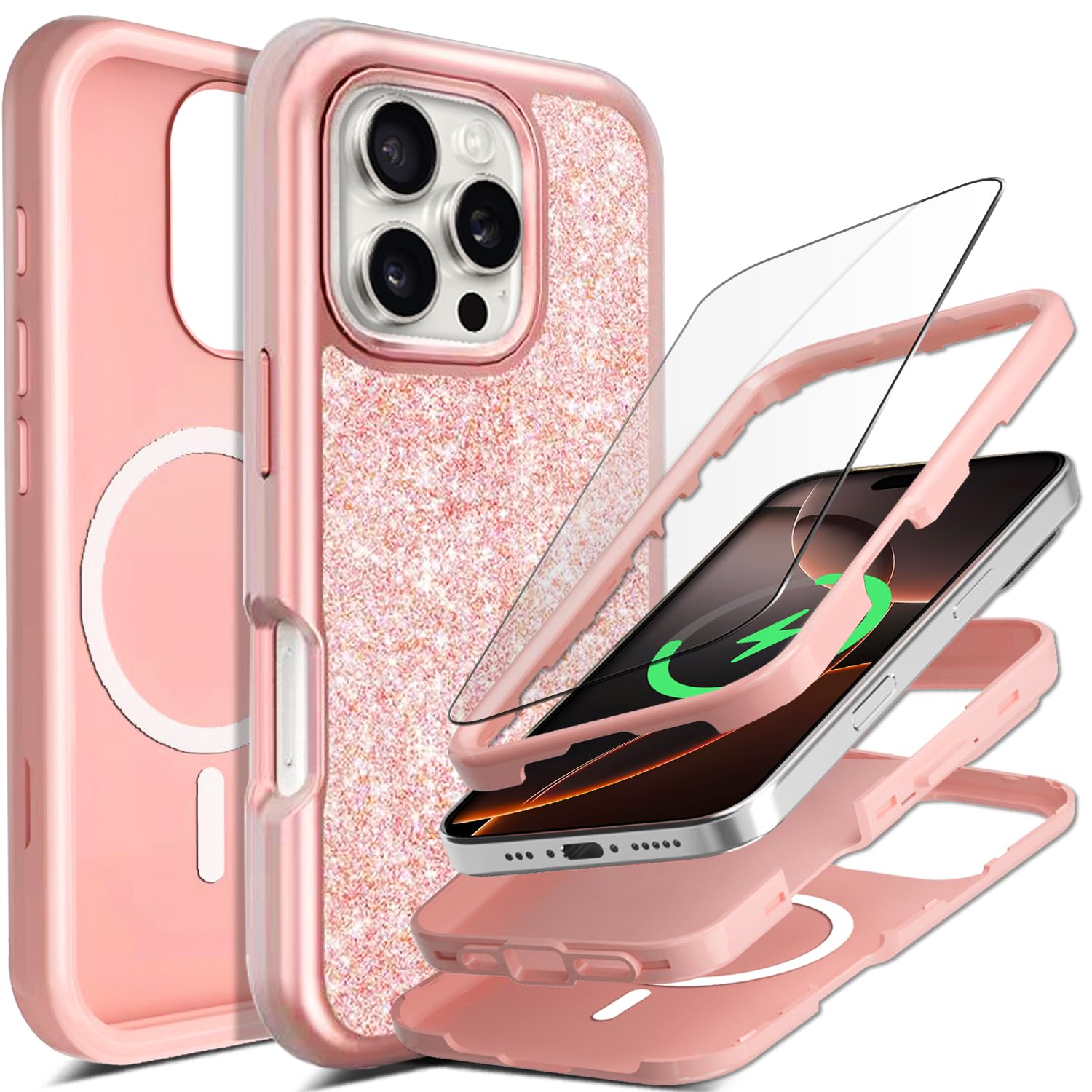 Coolwee Full Protective for iPhone 16 Pro Max Case, Compatible with MagSafe, for Women Girls, Hybrid 3 Layers Heavy Duty Rugged Shockproof for iPhone 16 Pro Max Case Rose Gold Bling, Pink Glitter