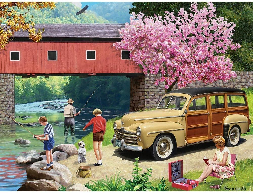Bits and Pieces – Our Favorite Spot Jigsaw Puzzle for Adults by Kevin Walsh, Family Fishing Scene by The River, Colorful Spring Landscape (500 Piece Puzzle 18" x 24")