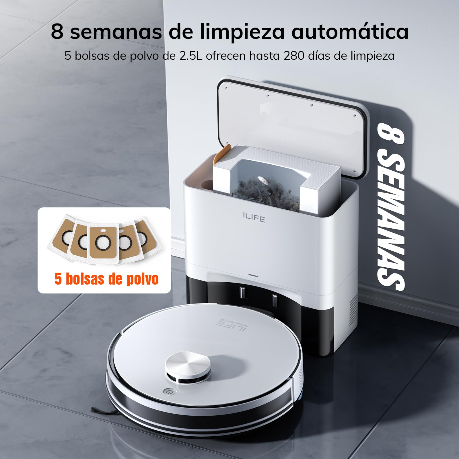 ILIFE A30 Pro Aspiradora y Trapeador, Estación de Autovaciado para 60 Días, Succión 5000Pa, Navegación LiDAR, WiFi 2.4G/App | Succión 5000Pa, Navegación LiDAR, WiFi 2.4G/App/Alexa/Control Remoto, Cepillo Rodillo para Alfombras y Suelos Duros
