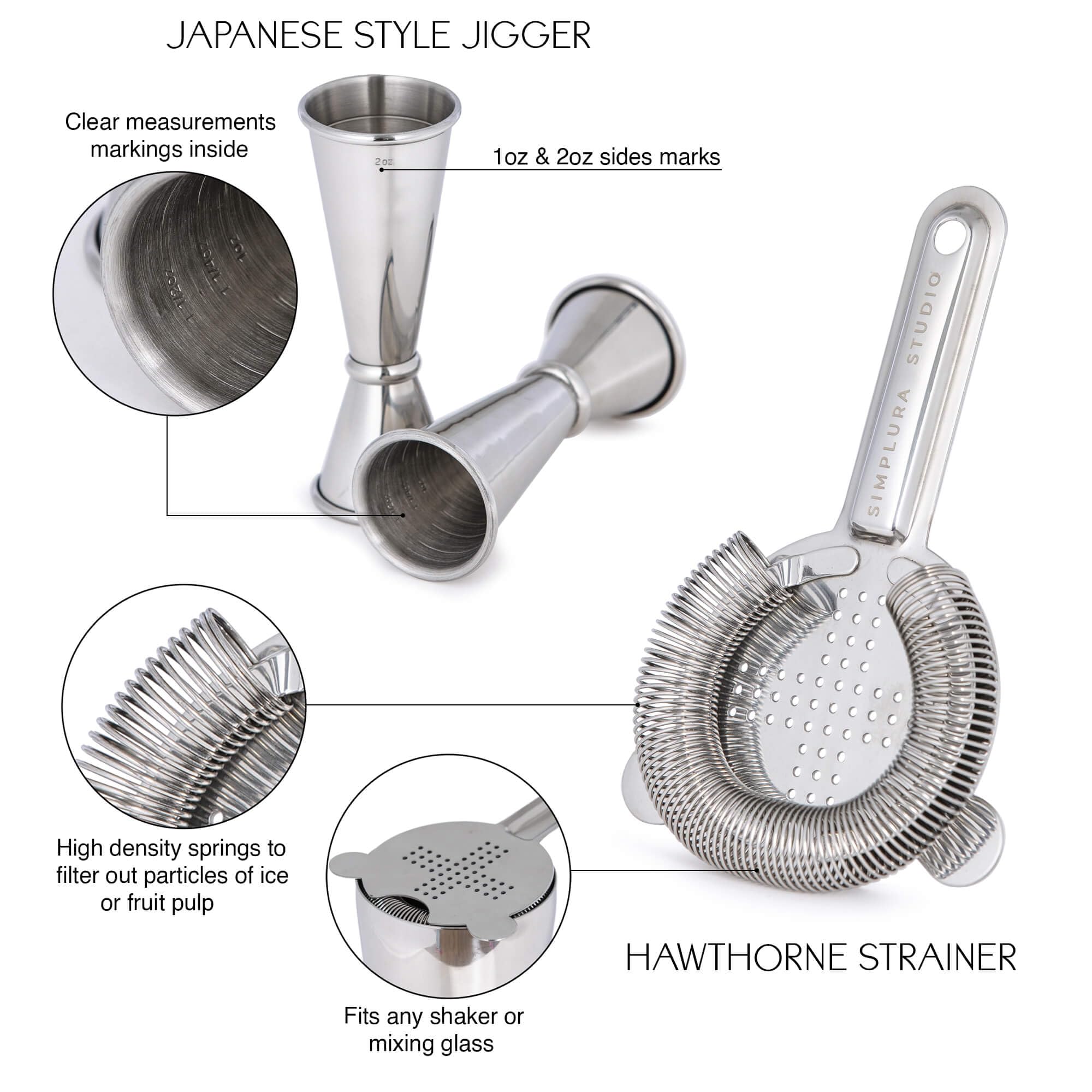 Set di 4 shaker Boston con colino Hawthorne e misurino giapponese, in acciaio inox 304, set da cocktail ponderato – Set shaker Boston – Shaker per barista – Shaker per cocktail