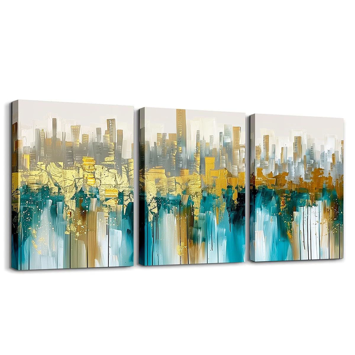 Homewish Teal Abstract Canvas Wall Art Set of 3 for Bedroom Living Room, Modern Golden Textured Paintings Wall Decor Turquoise Ombre Artwork Wall Art Blue Green Marble Print Poster Prints