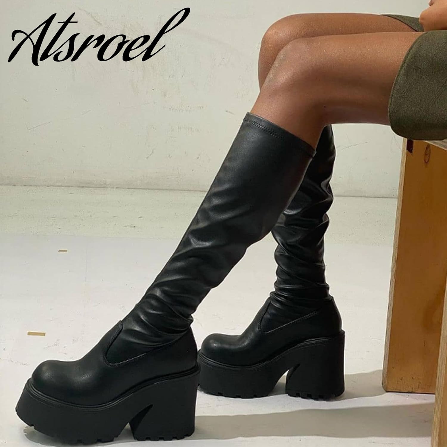 Atsroel Knee High Boots Women Black Boots For Women Platform Chunky Heel Elastic Combat Boots Women Round Toe Fashion Motorcycle Punk Goth Boots - Image 5