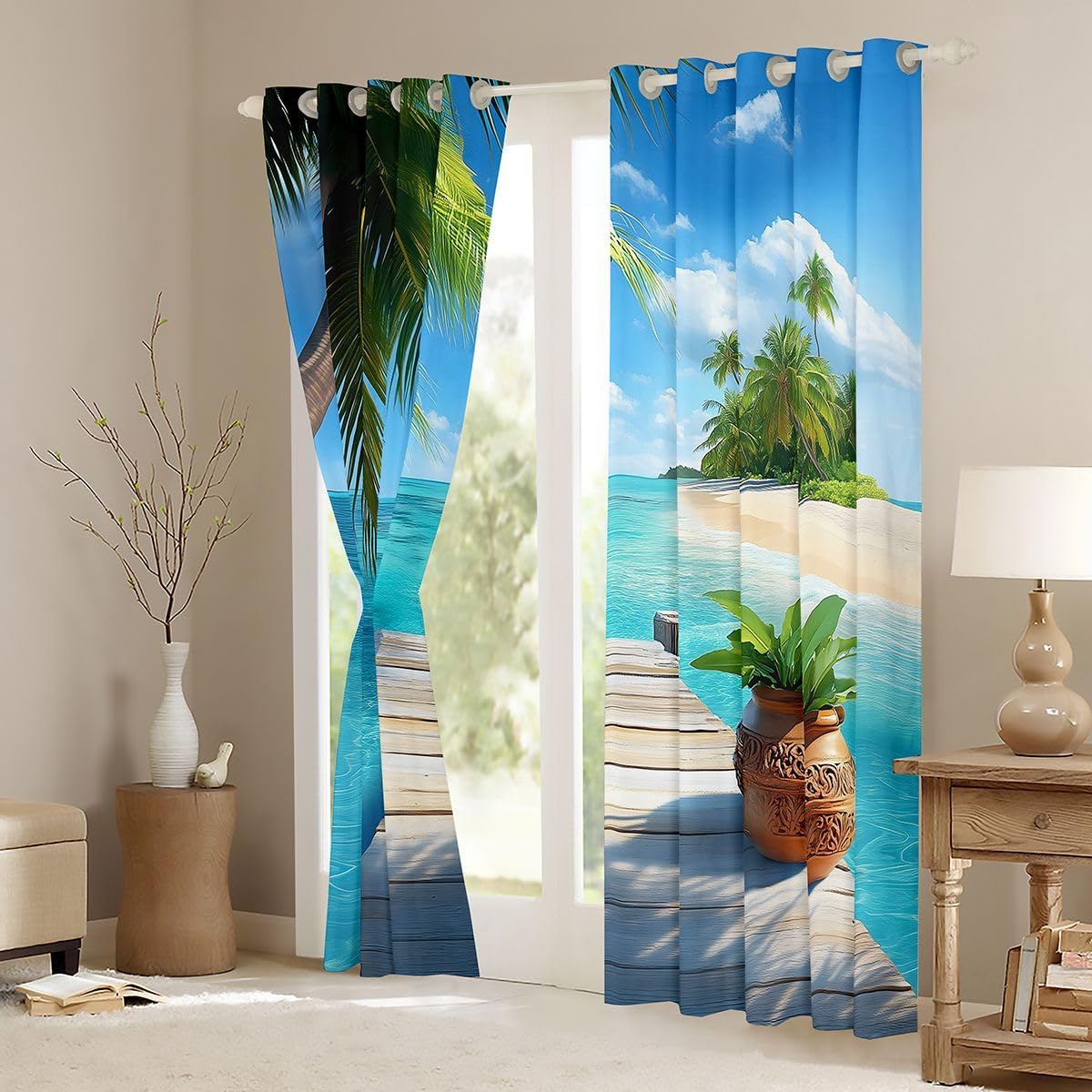 Coastal Beach Window Curtains Plant Wooden Board Window Drapes,Summer Vacation Window Treatments,Lake Blue Kids Boys Girls Room Decor, Grommet Top 2 Panel Set Bedroom Curtains, 38Wx45L inch