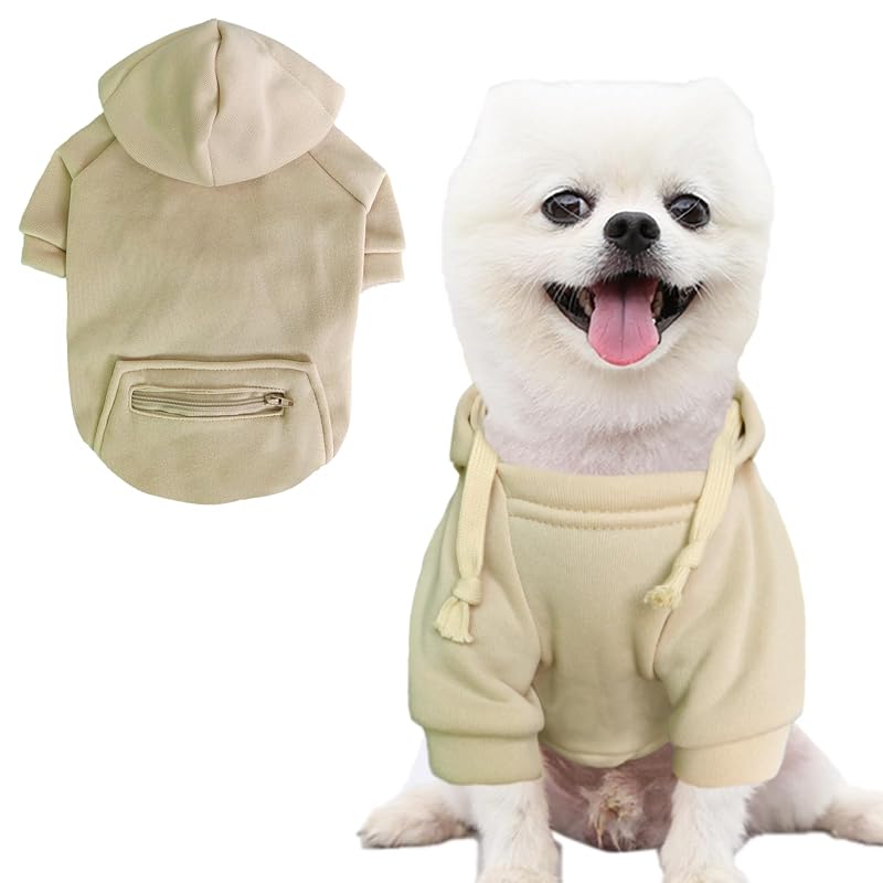 Moletom com capuz para cães pequenos JECIKELON com bolso com zíper, poliéster, Beige, tamanho Médio