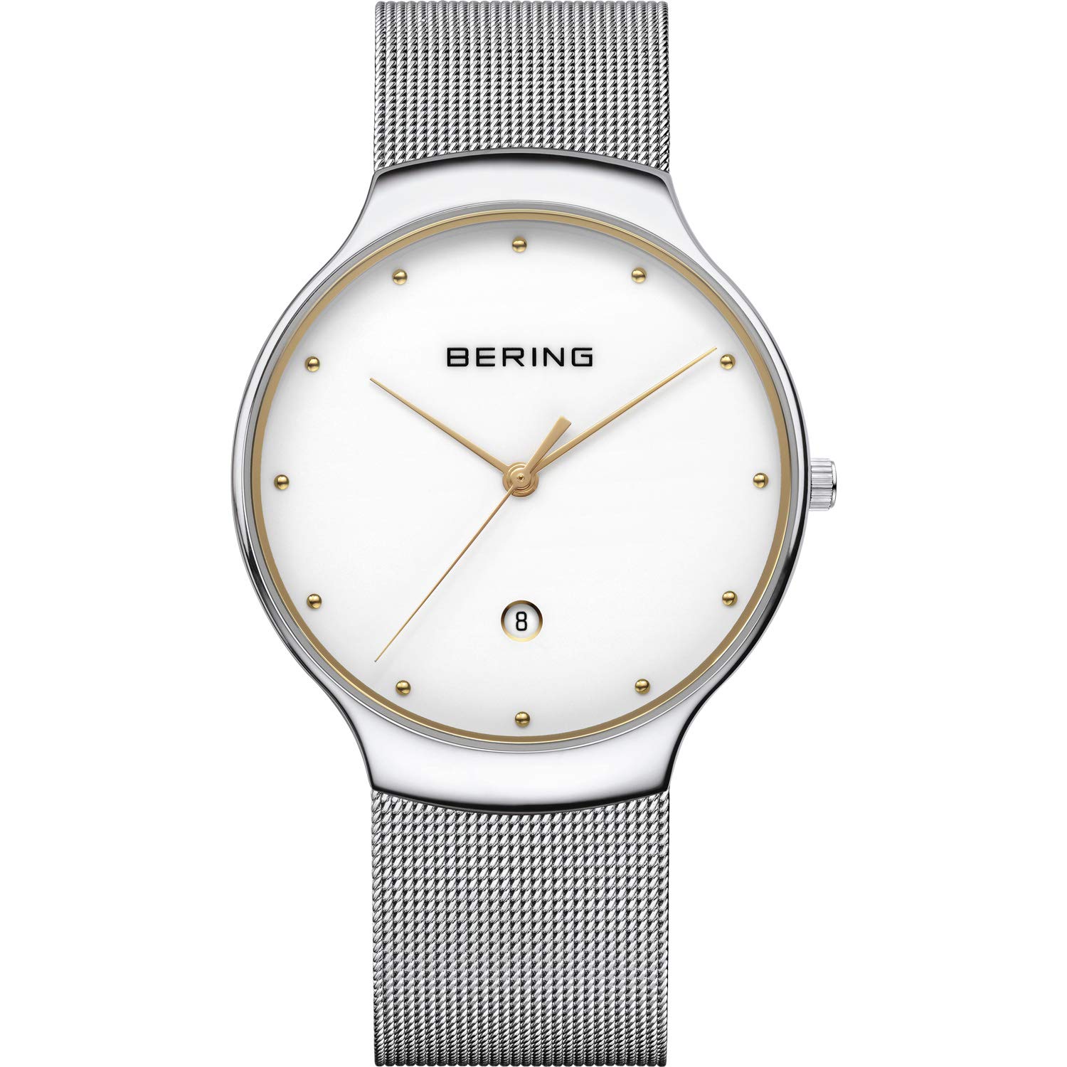Bering 13338 Reloj de Cuarzo Unisex con Caja de Acero Inoxidable de 38 mm y Esfera con Efecto Rayos de Sol, Correa milanesa, Cristal de Zafiro y Resistencia al Agua de 3 ATM