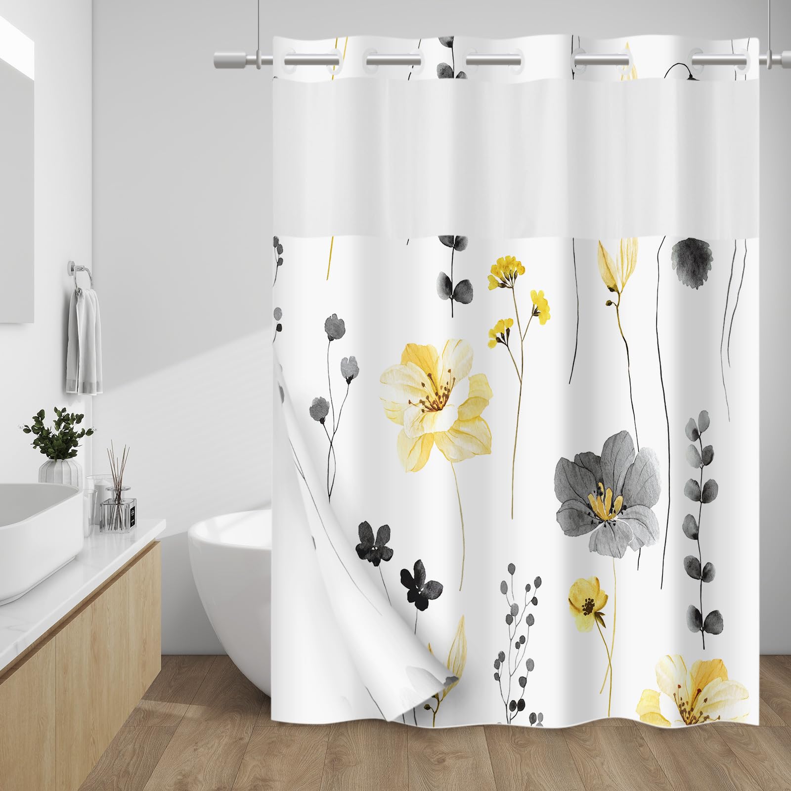 WITHLOC No Hook Shower Curtain with Snap in Liner - Floral Shower Curtain - Fabric Waterproof Inner Liner, Plants Watercolor Yellow Gray Modern Cloth Shower Curtains - Machine Washable, 71 x 86