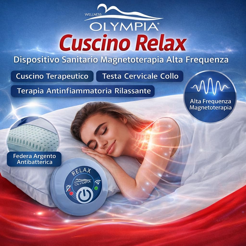 OLYMPIA Cuscino Relax MediaWorld Dispositivo Sanitario Magnetoterapia Alta Frequenza Cuscino Terapeutico Testa Cervicale Collo Terapia Antinfiammatoria Rilassante Federa Argento Antibatterica