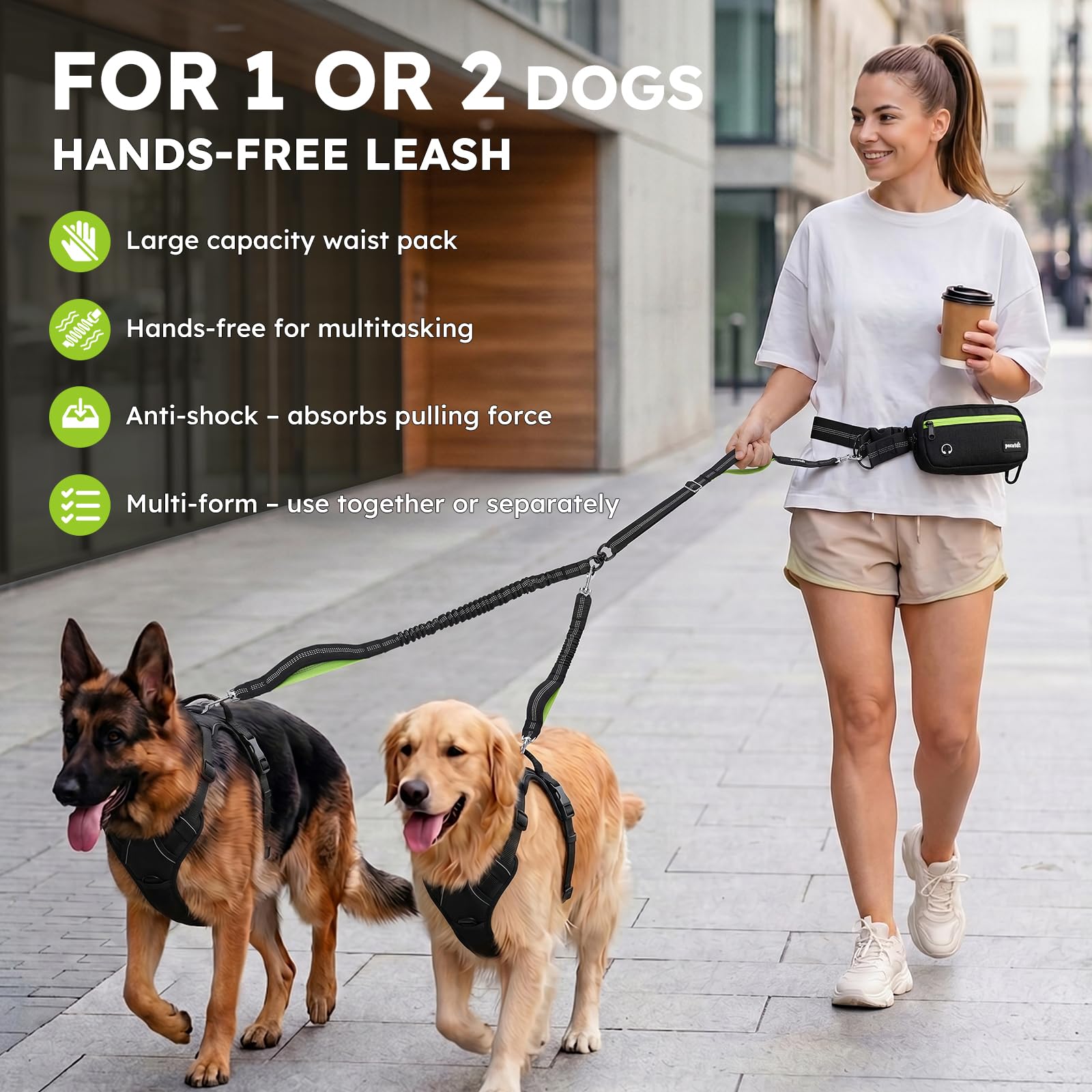 Pecute Joggingleine für 2 Große Hunde 15-50kg mit Breiter Bauchgurt | Hundeleine zum Joggen Multifunktional Freie Kombination| wasserdichte Bauchtasche, Stoßdämpfendes Bungee, Dick Doppelgriffe