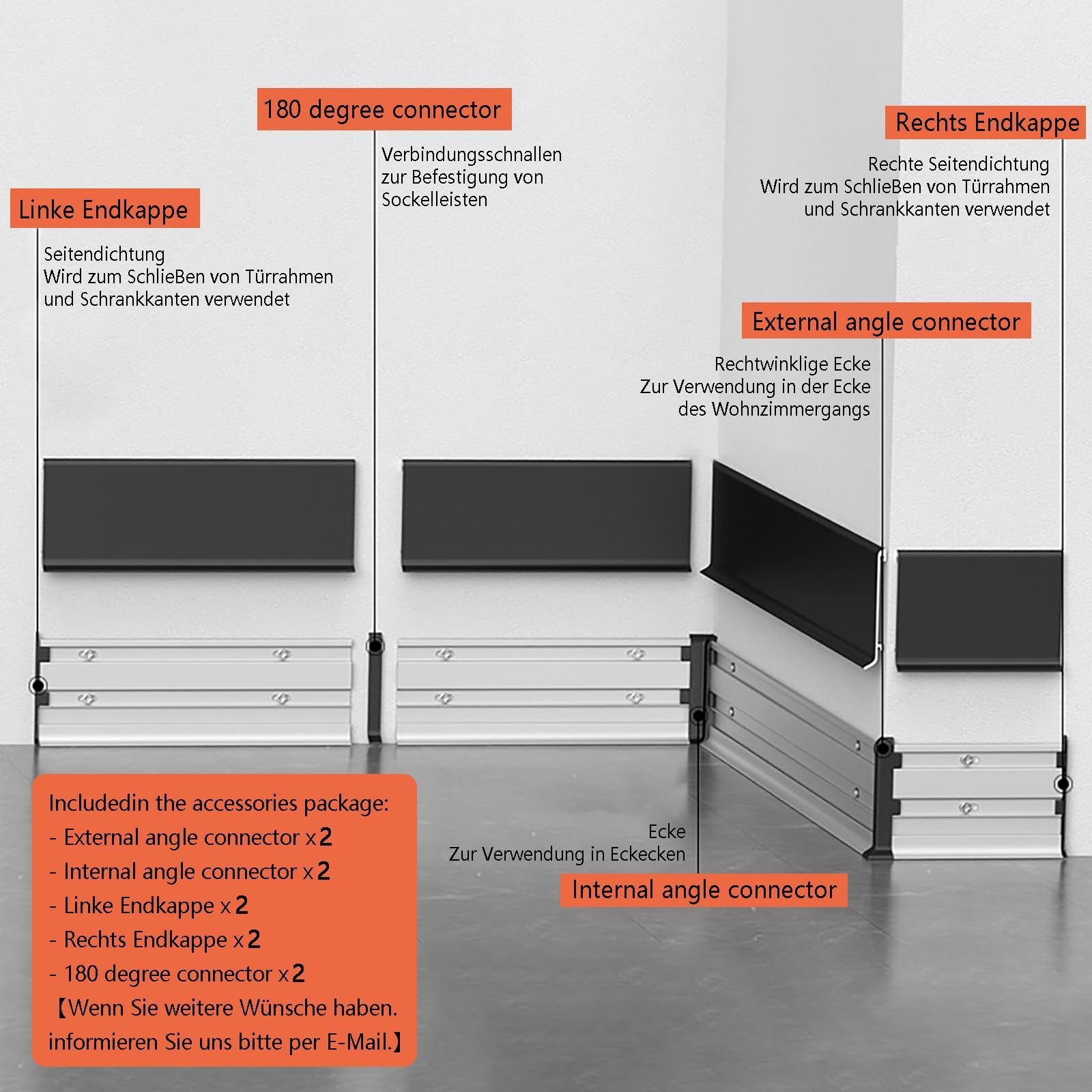 Battiscopa in laminato, battiscopa in alluminio con perline per arredamento moderno e ristrutturazione di interni